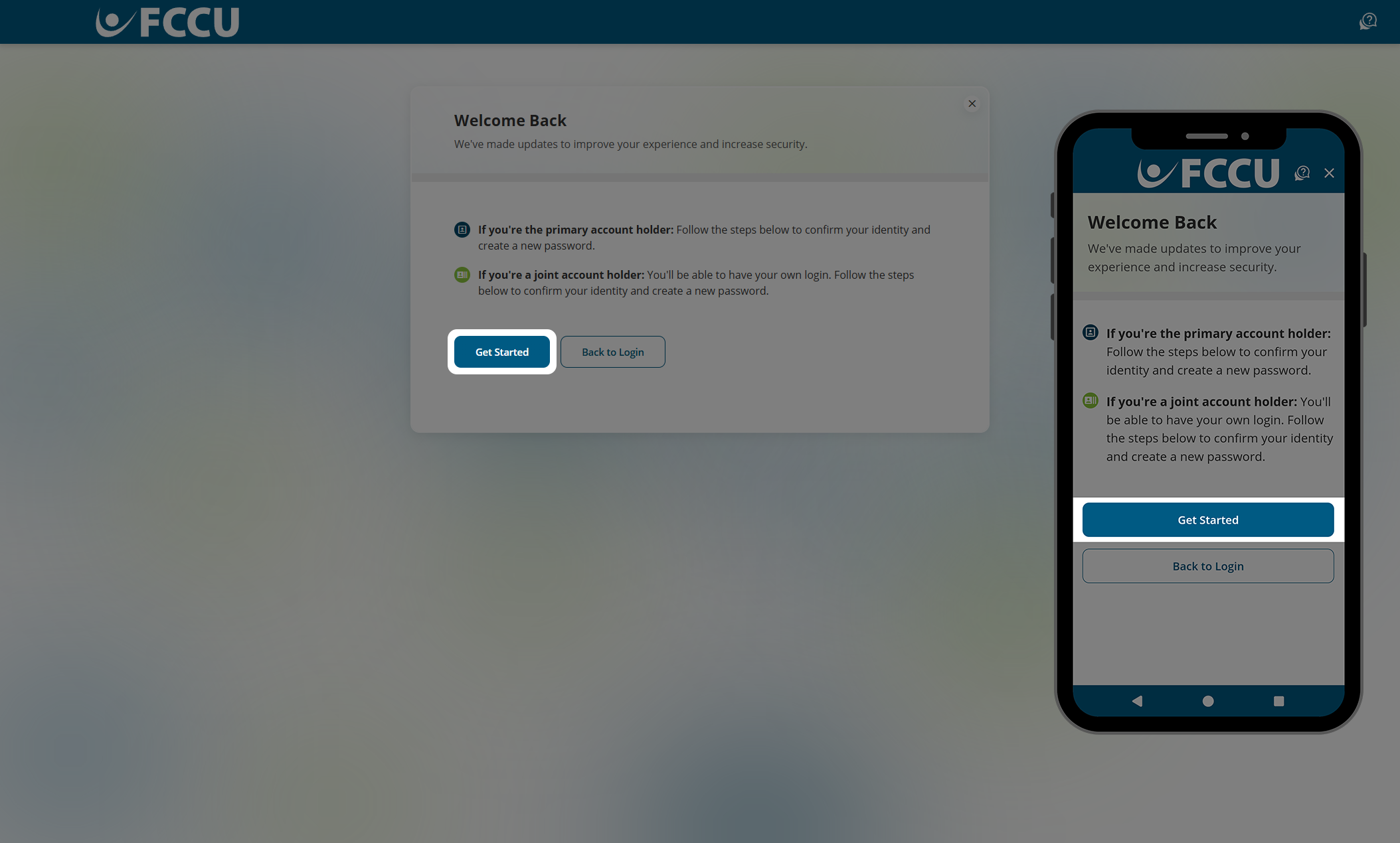 Screenshot of digital banking 'Welcome Back' page.
