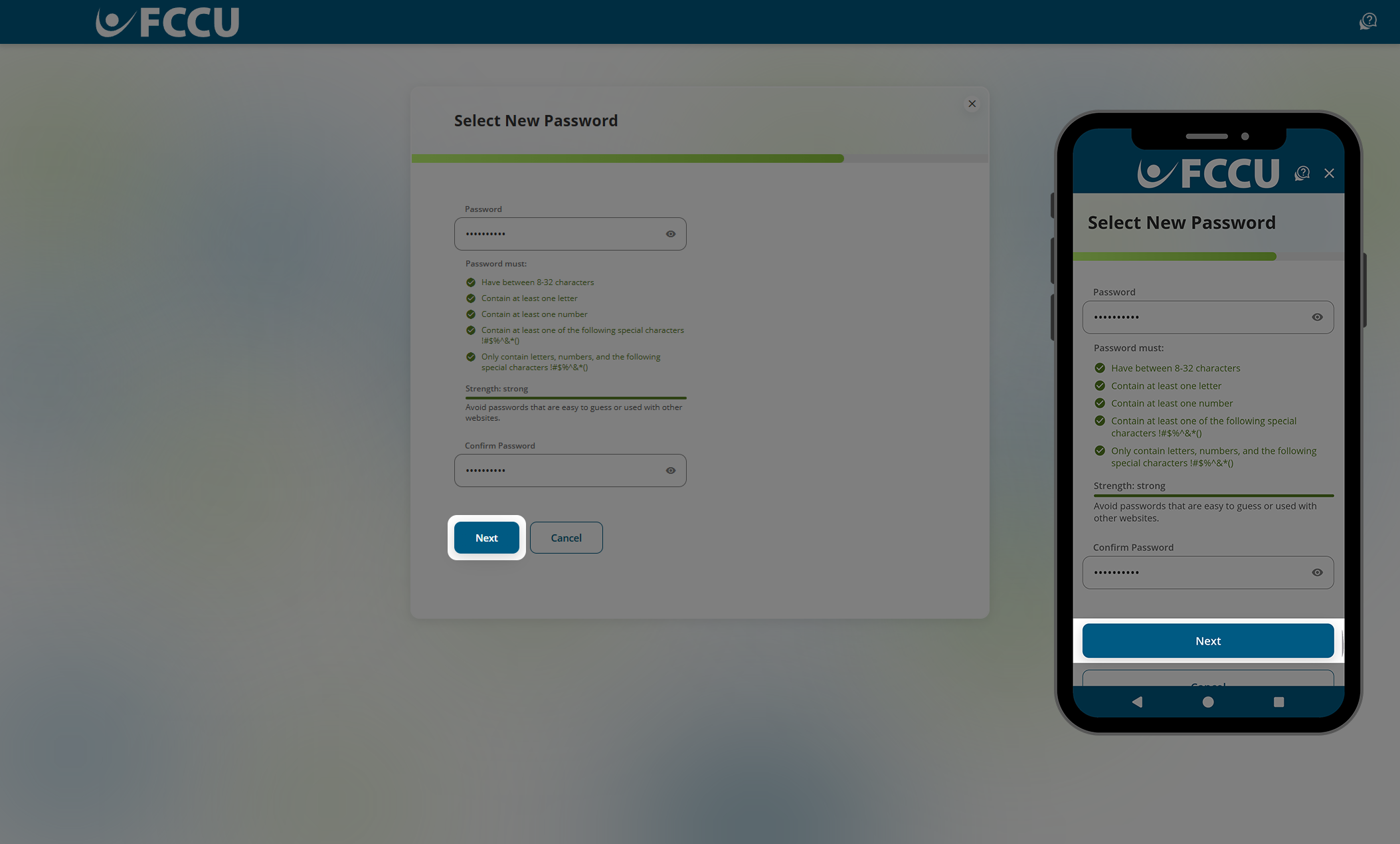 Screenshot of digital banking 'Select New Password' page.