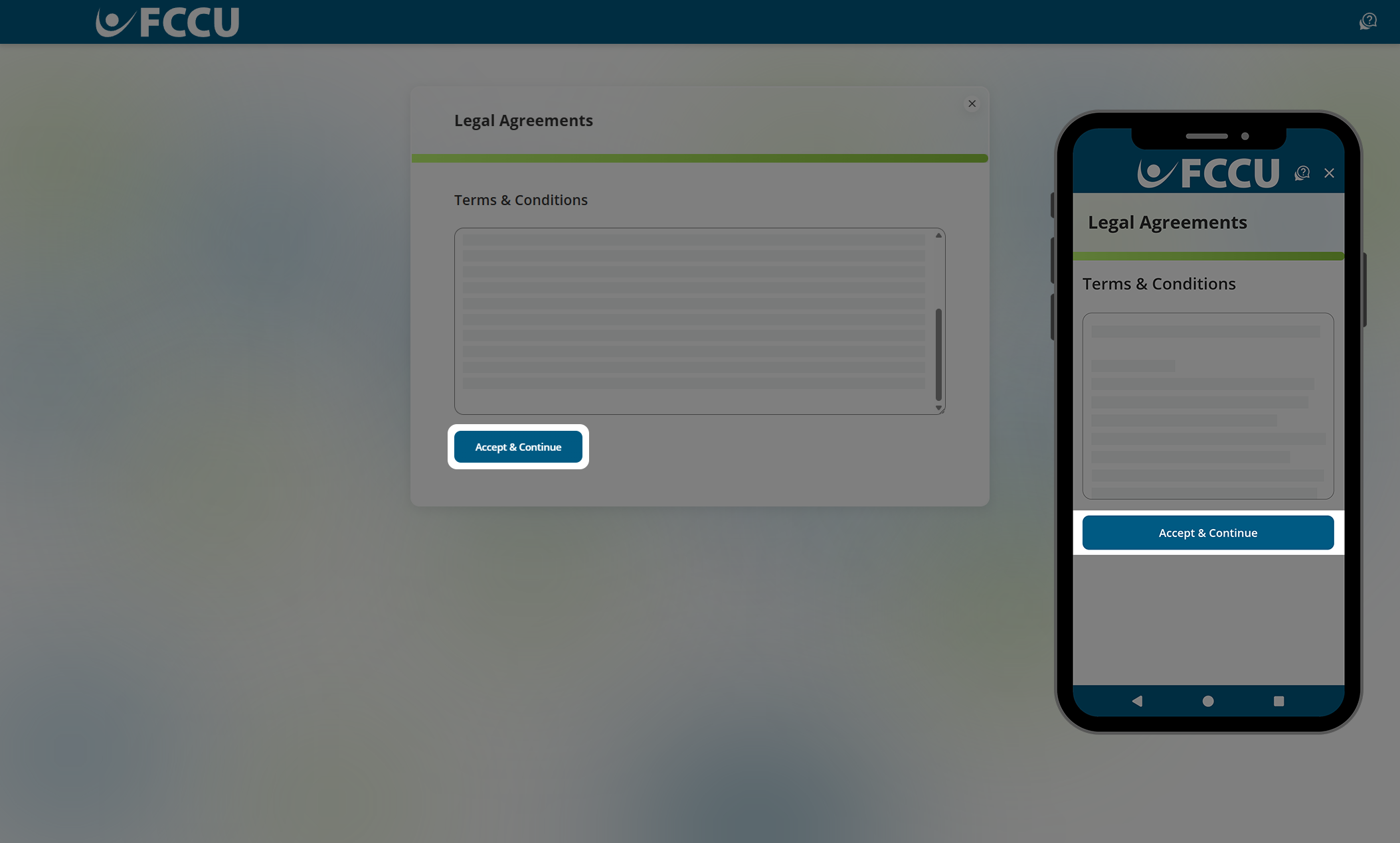 Screenshot of digital banking 'Legal Agreements' page.