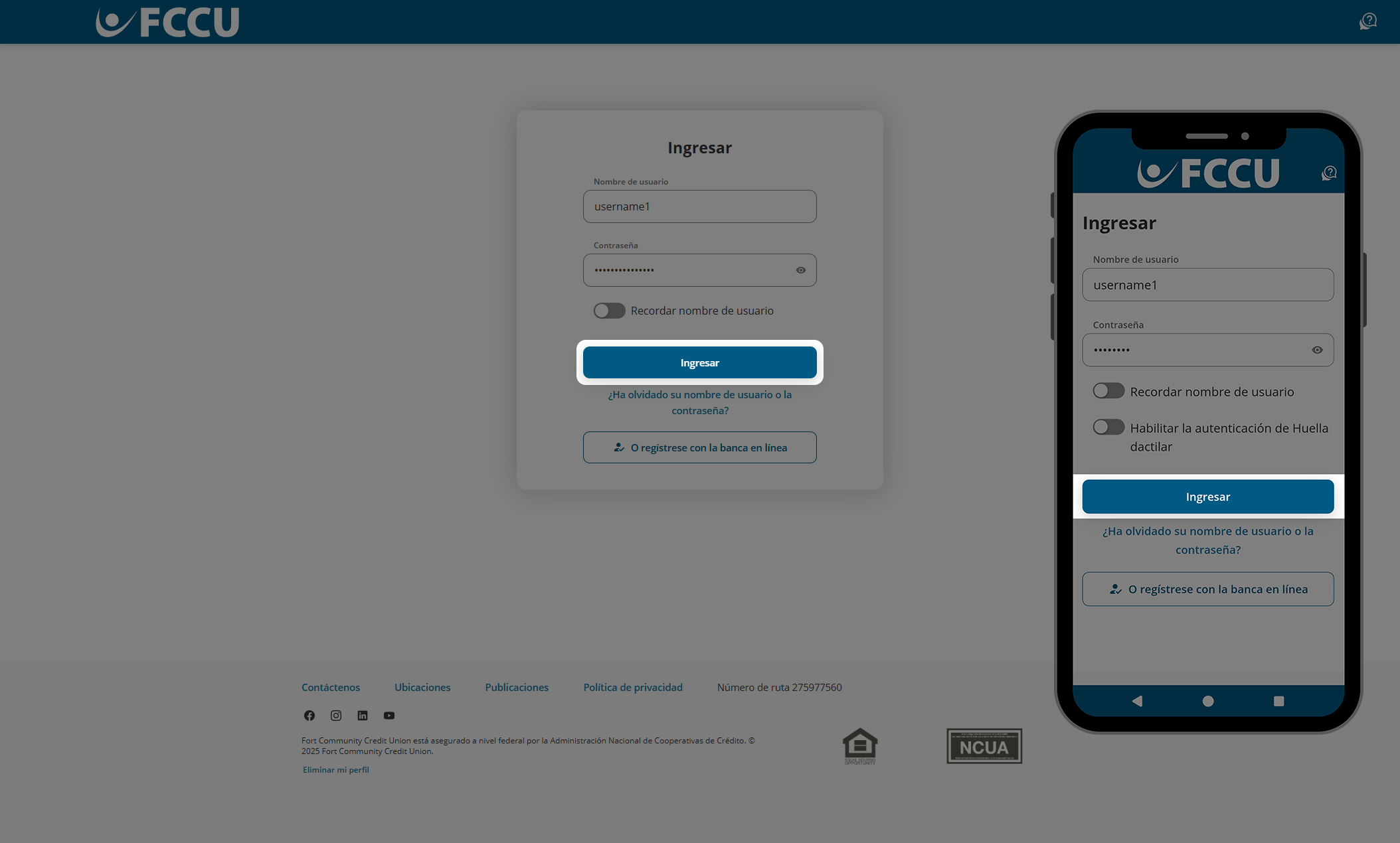 Captura de pantalla de la página de inicio de sesión de la banca digital.