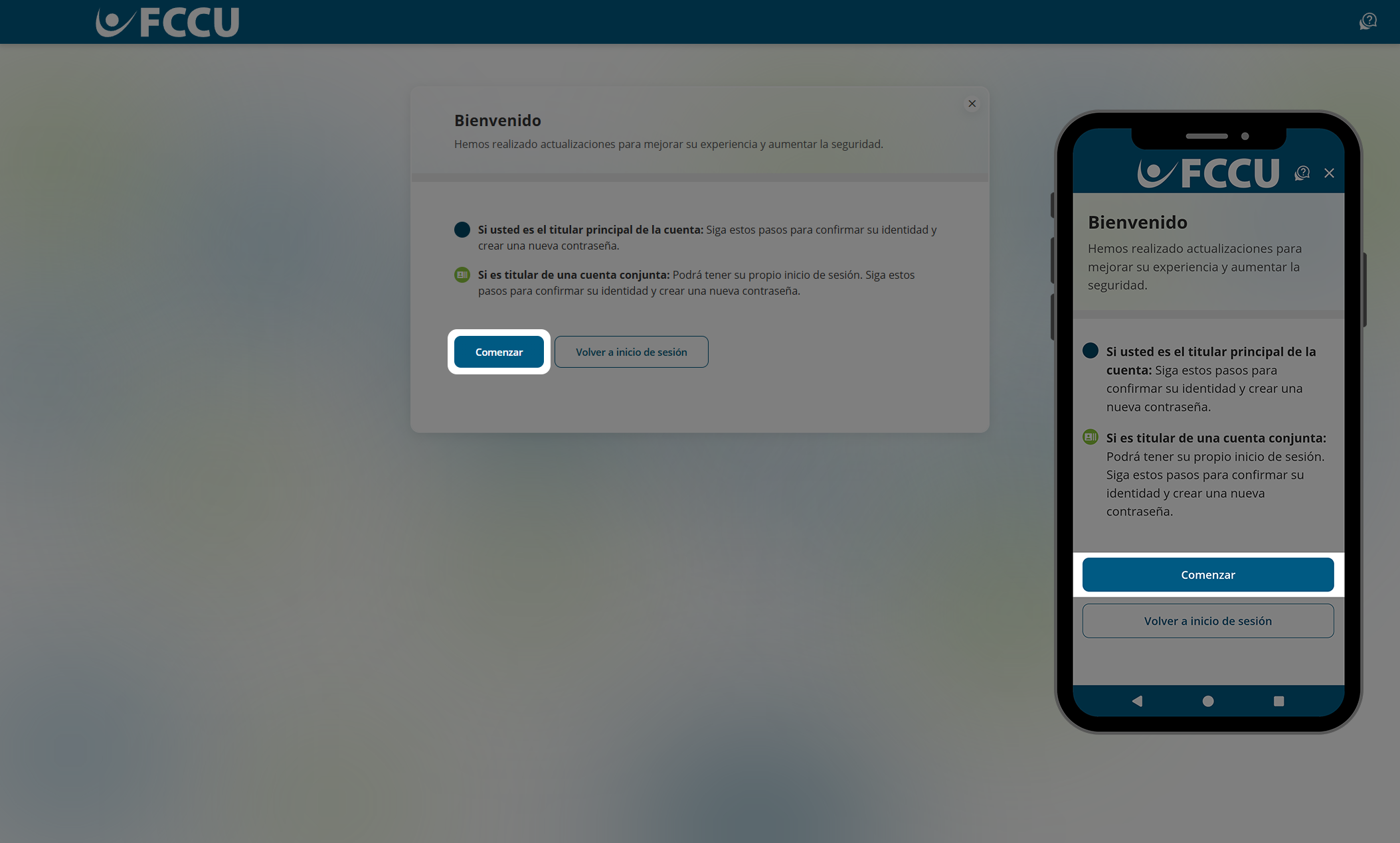 Captura de pantalla de la página 'Bienvenido' de banca digital.