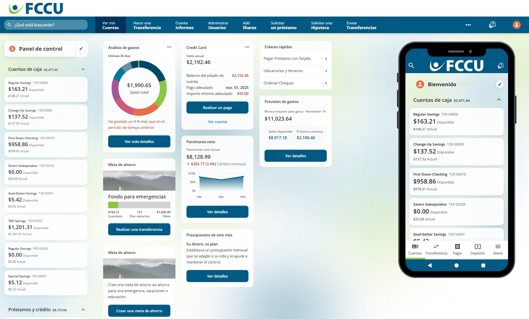Captura de pantalla del panel de control de banca digital.