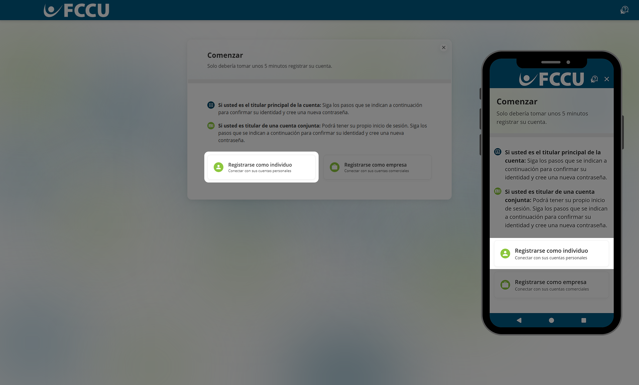 Captura de pantalla de la página 'Comenzar' de banca digital.
