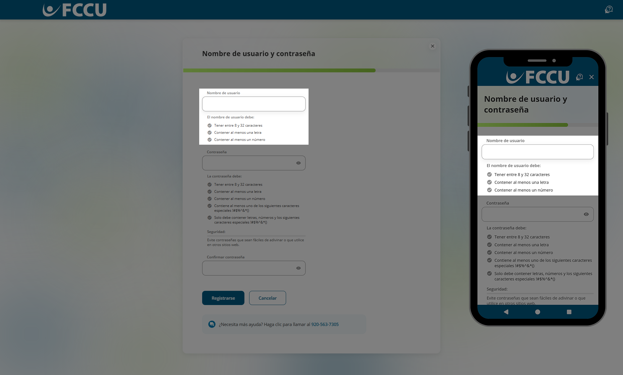Captura de pantalla de la página 'Nombre de usuario y contraseña' de la banca digital.