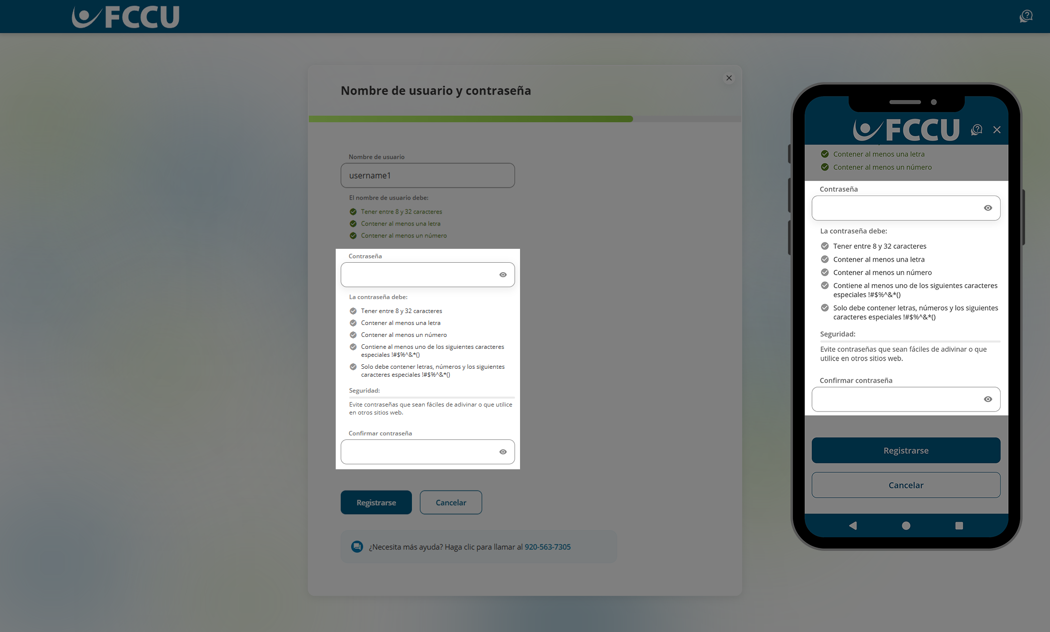 Captura de pantalla de la página 'Nombre de usuario y contraseña' de la banca digital.