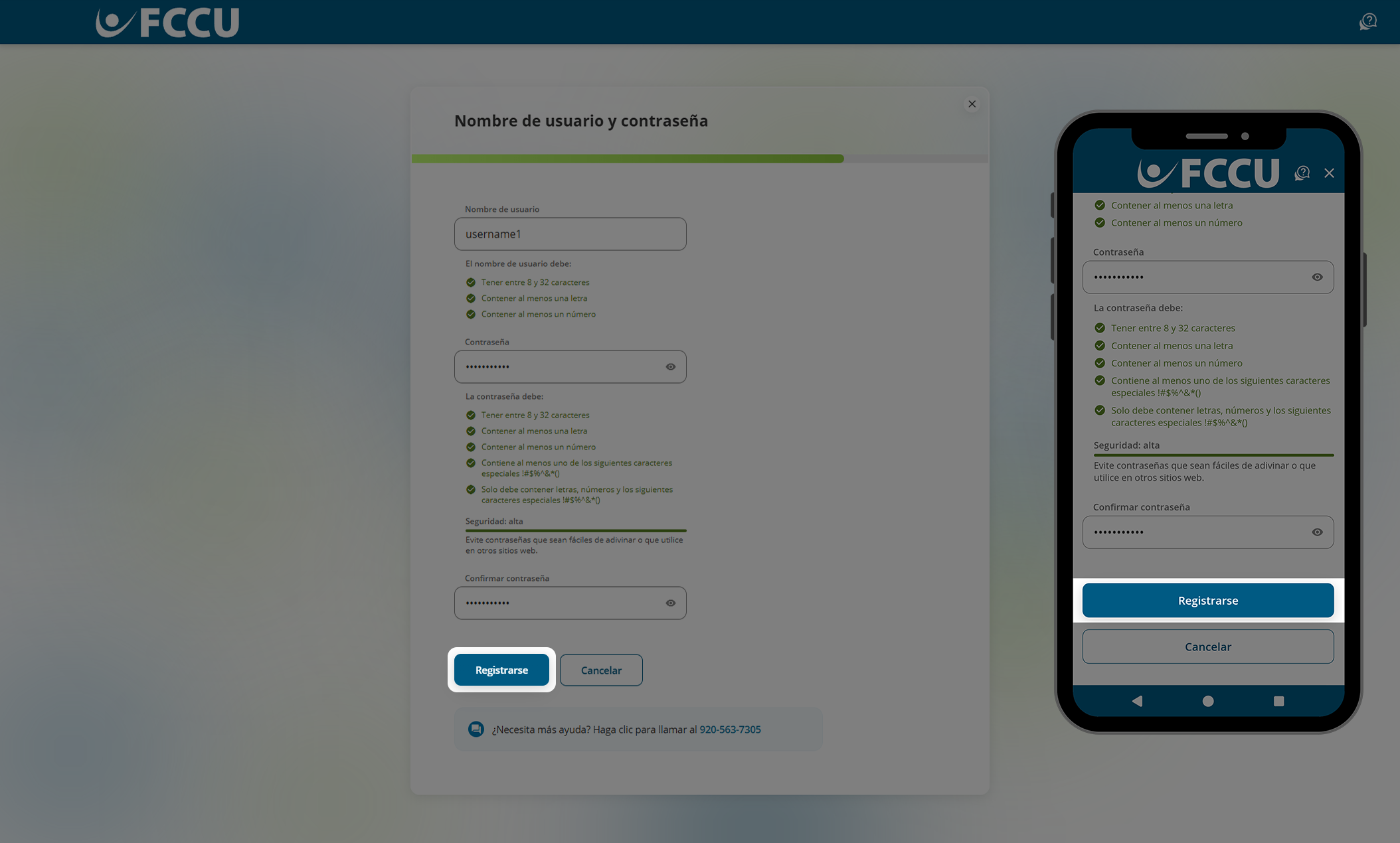 Captura de pantalla de la página 'Nombre de usuario y contraseña' de la banca digital.