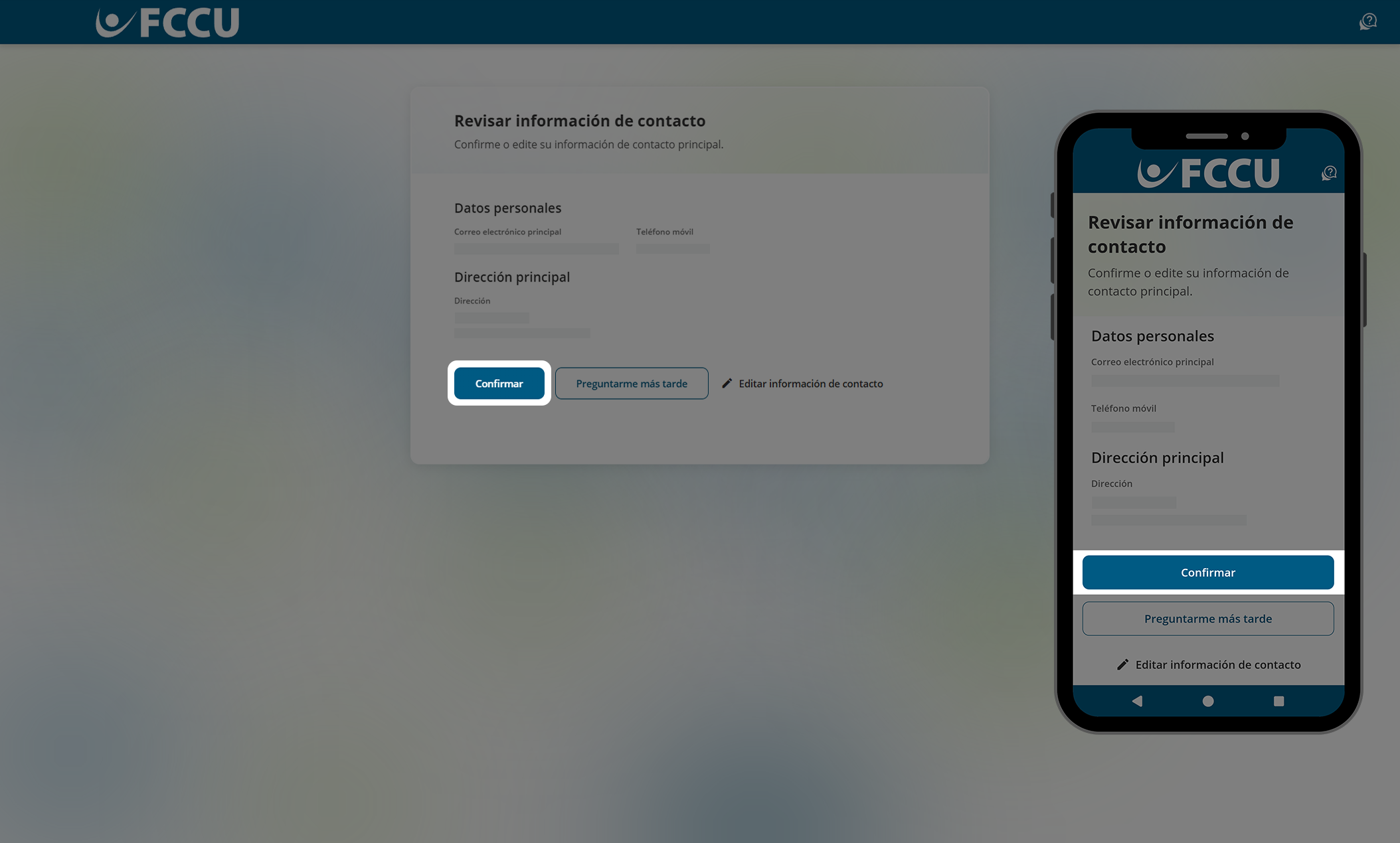 Captura de pantalla de la página 'Revisar información de contacto' de la banca digital.