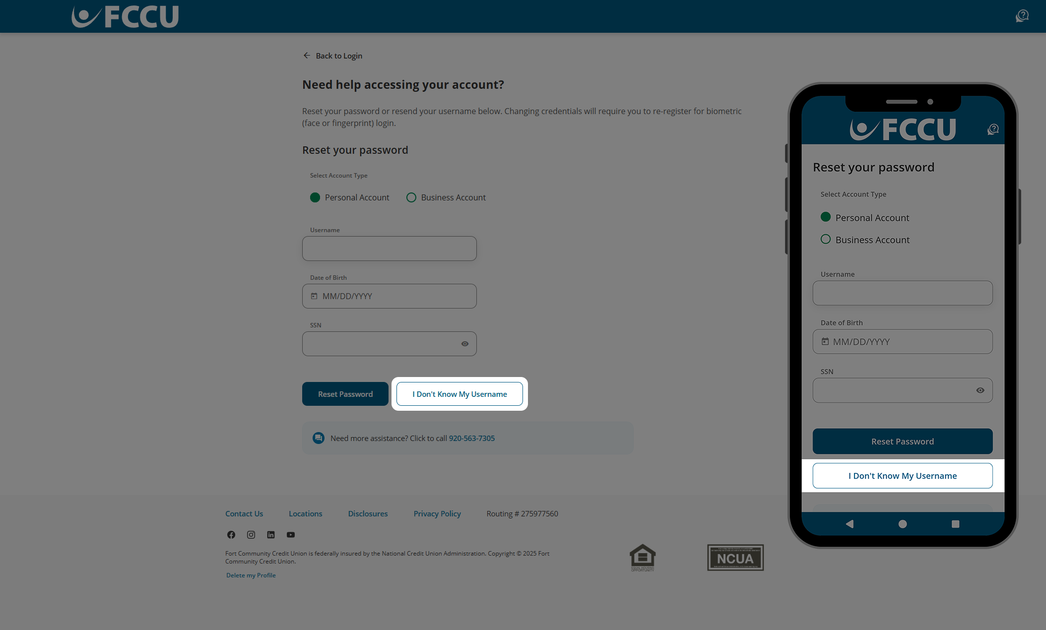 Screenshot of digital banking 'Need help accessing your account?' page.