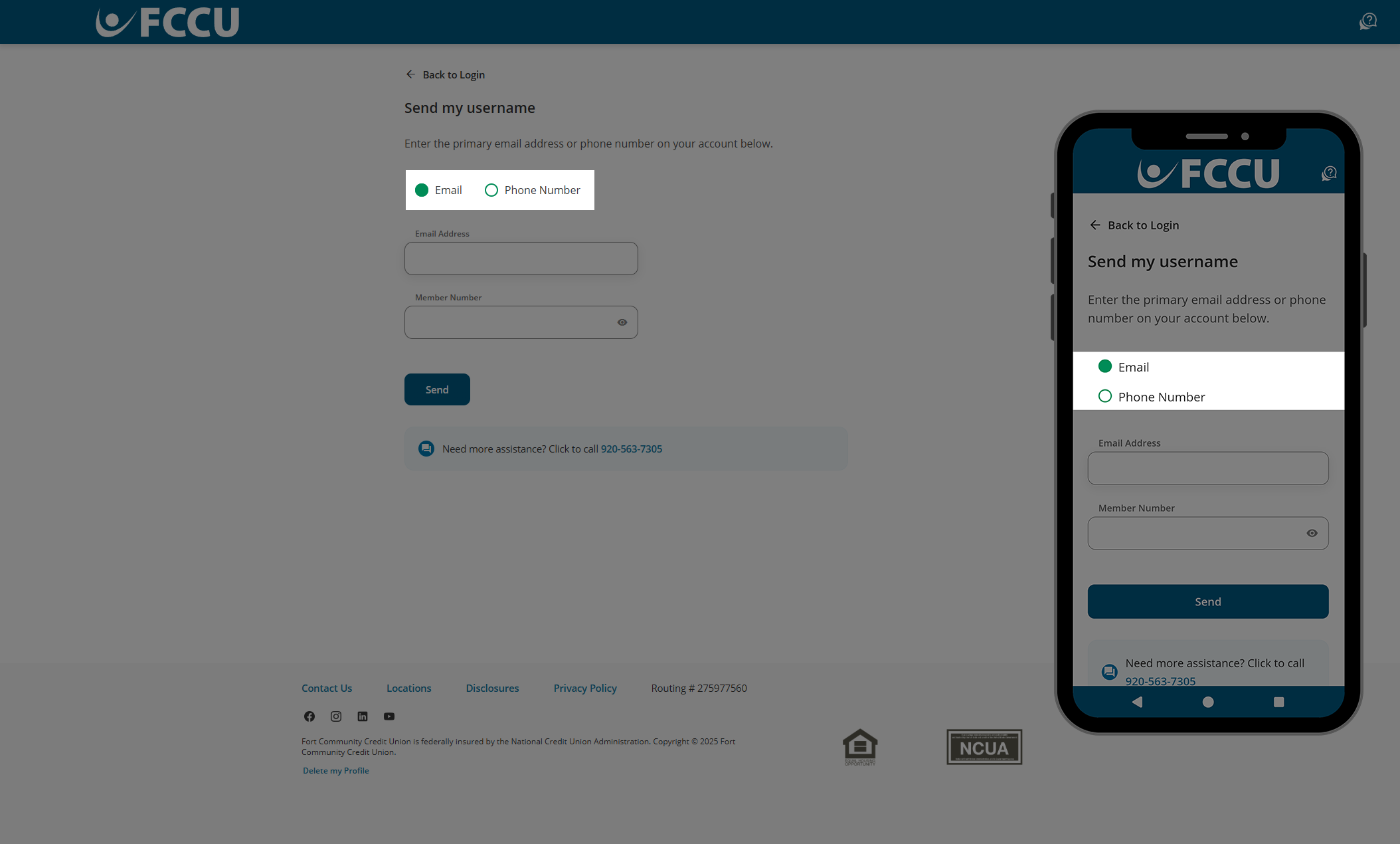 Screenshot of digital banking 'Send my username' page.