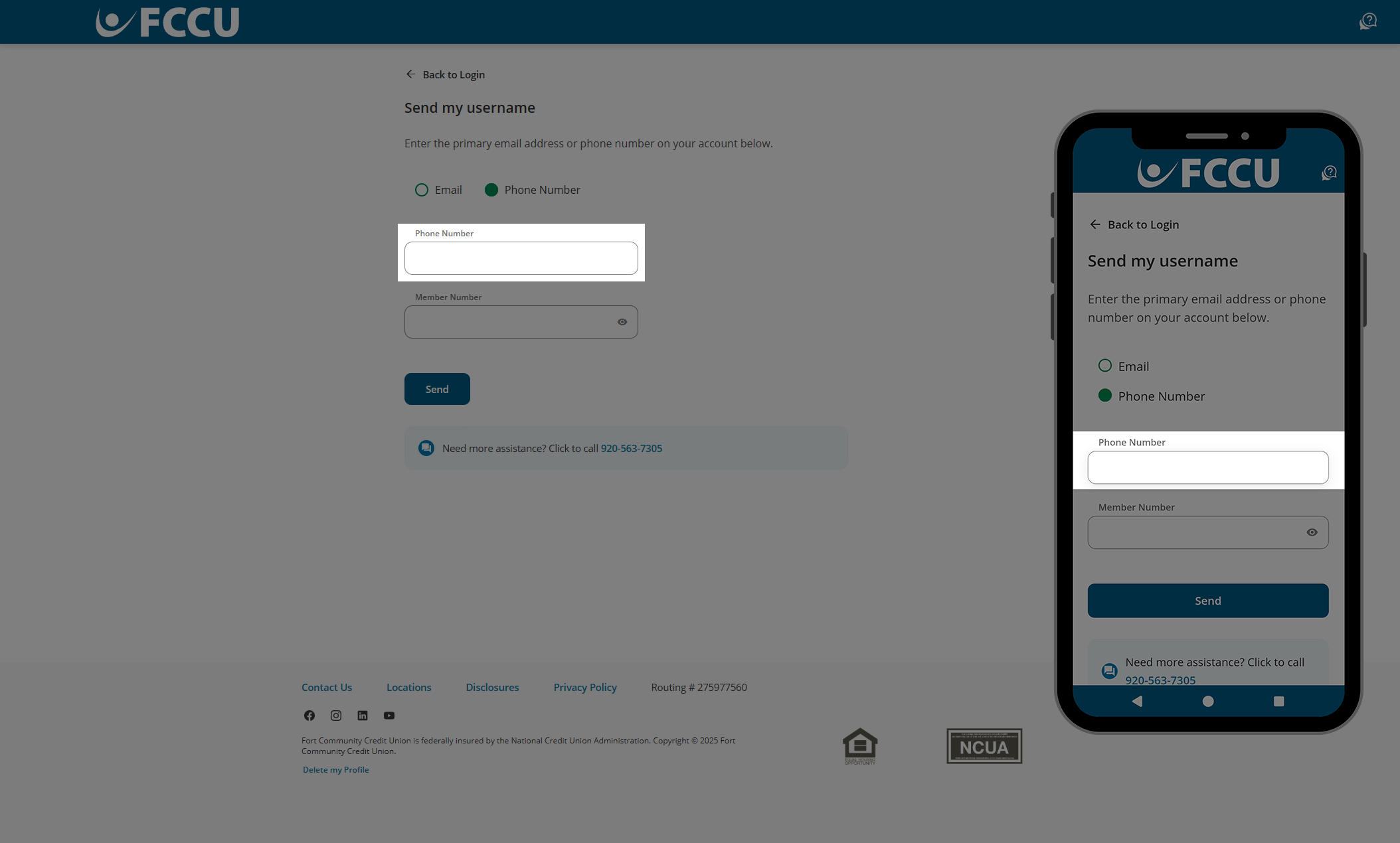 Screenshot of digital banking 'Send my username' page.