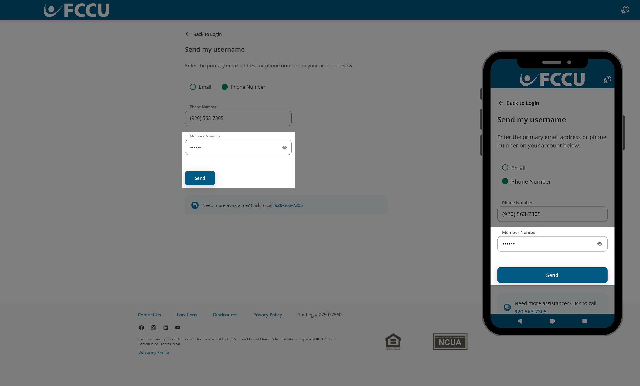 Screenshot of digital banking 'Send my username' page.