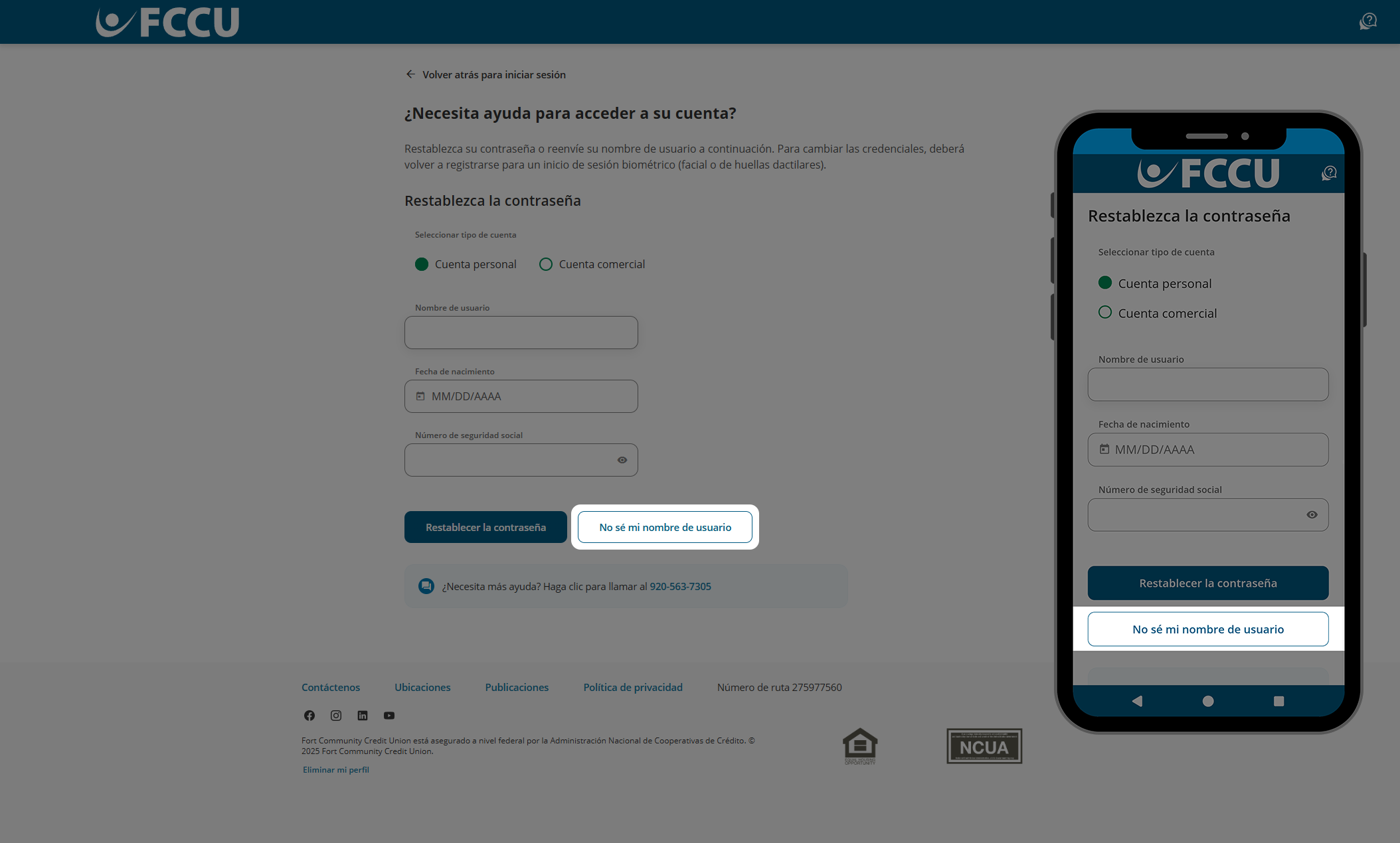 Captura de pantalla de la página de banca digital '¿Necesita ayuda para acceder a su cuenta?'
