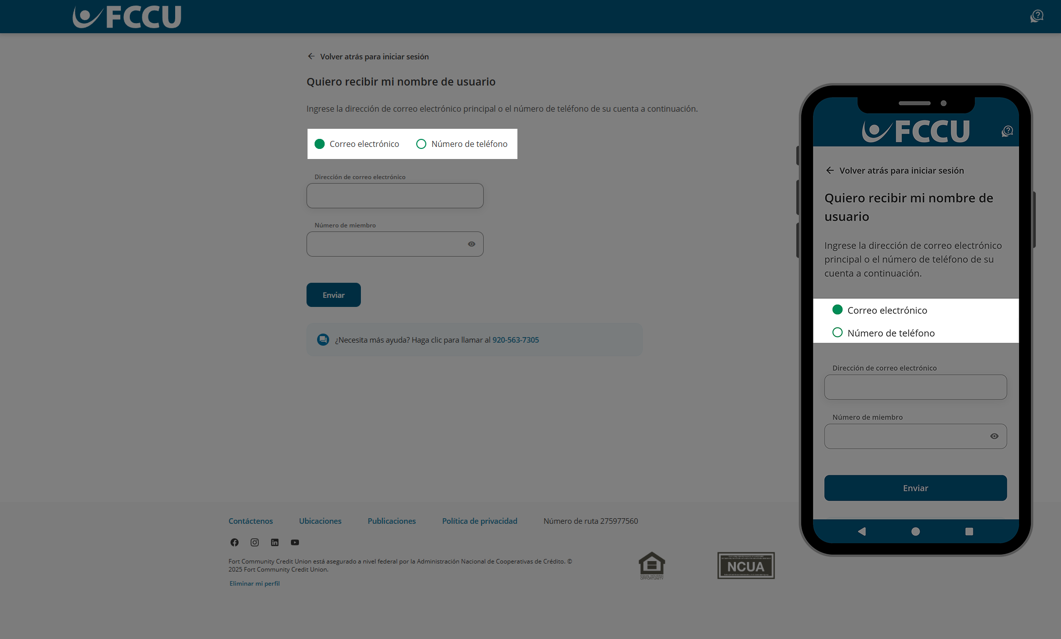 Captura de pantalla de la página de banca digital 'Quiero recibir mi nombre de usuario'