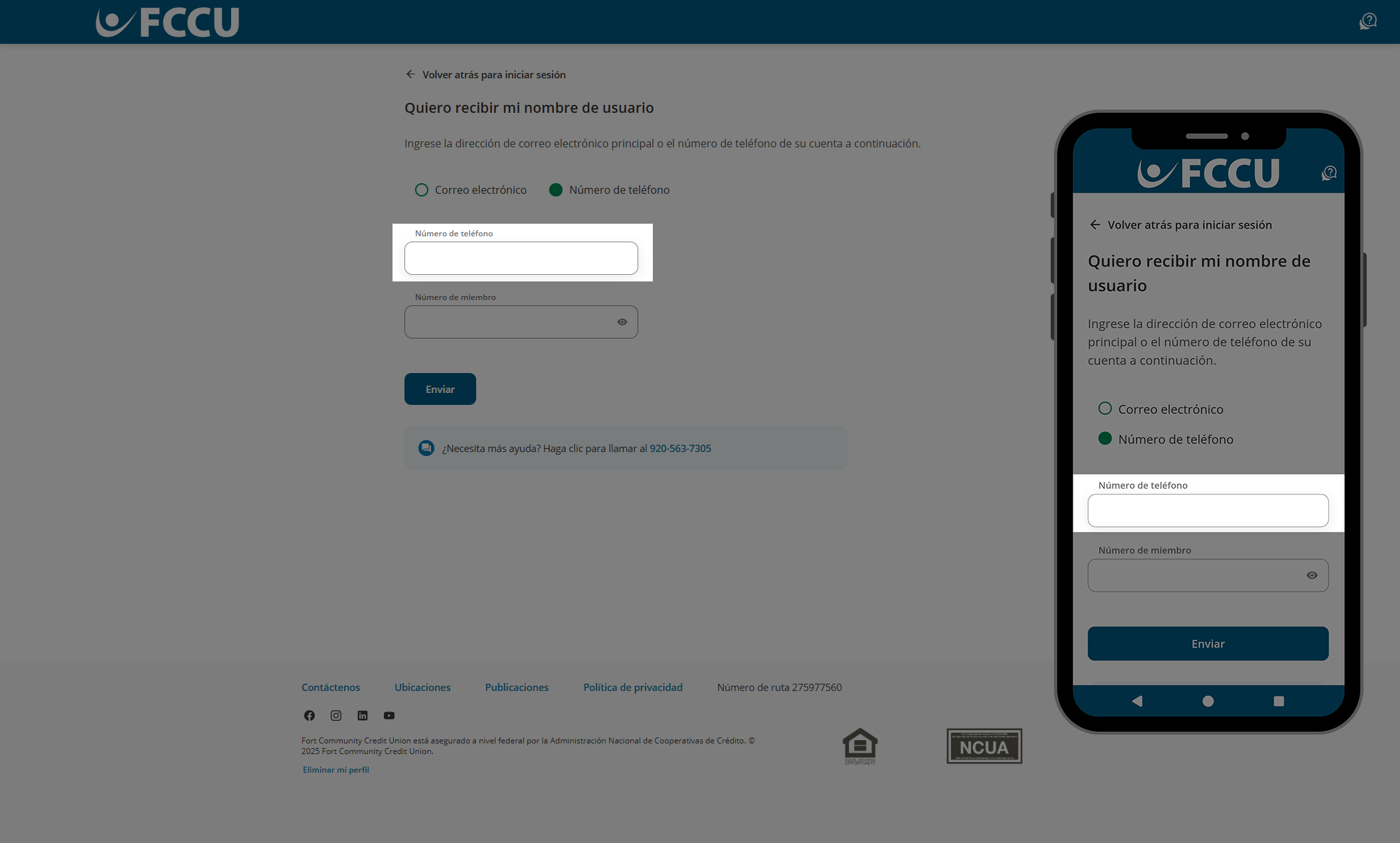 Captura de pantalla de la página de banca digital 'Quiero recibir mi nombre de usuario'