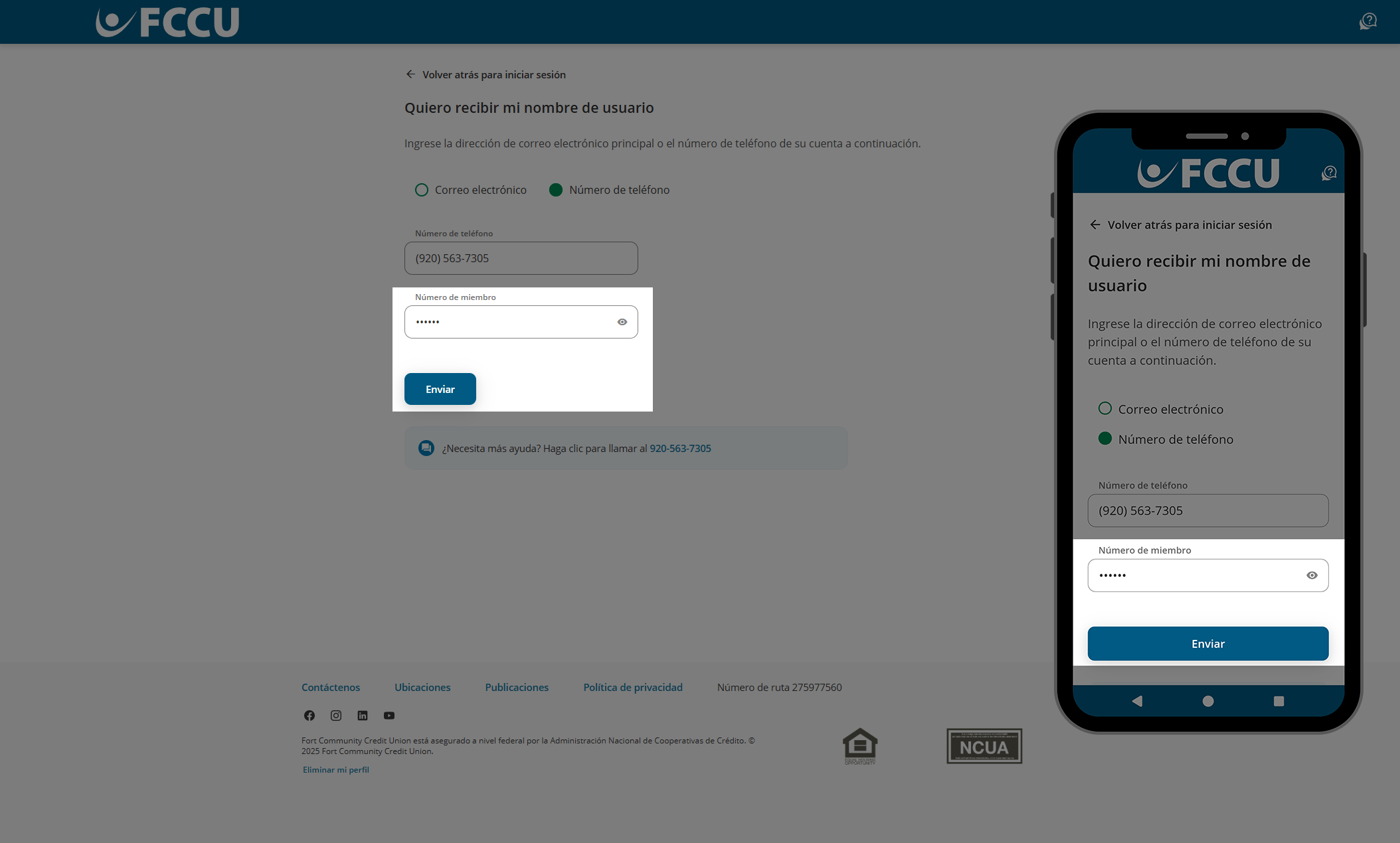 Captura de pantalla de la página de banca digital 'Quiero recibir mi nombre de usuario'