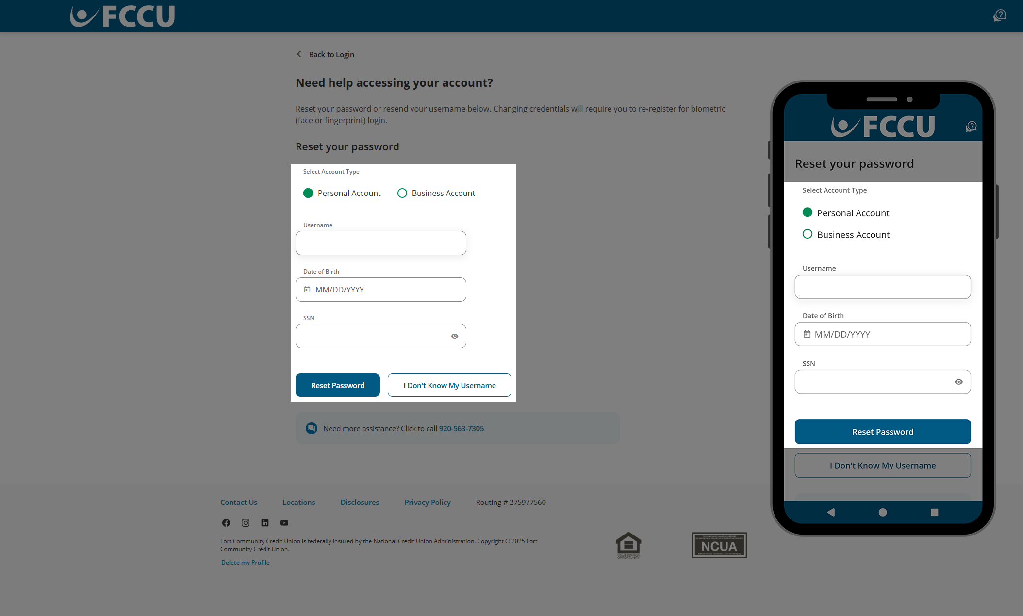 Screenshot of digital banking 'Need help accessing your account?' page.