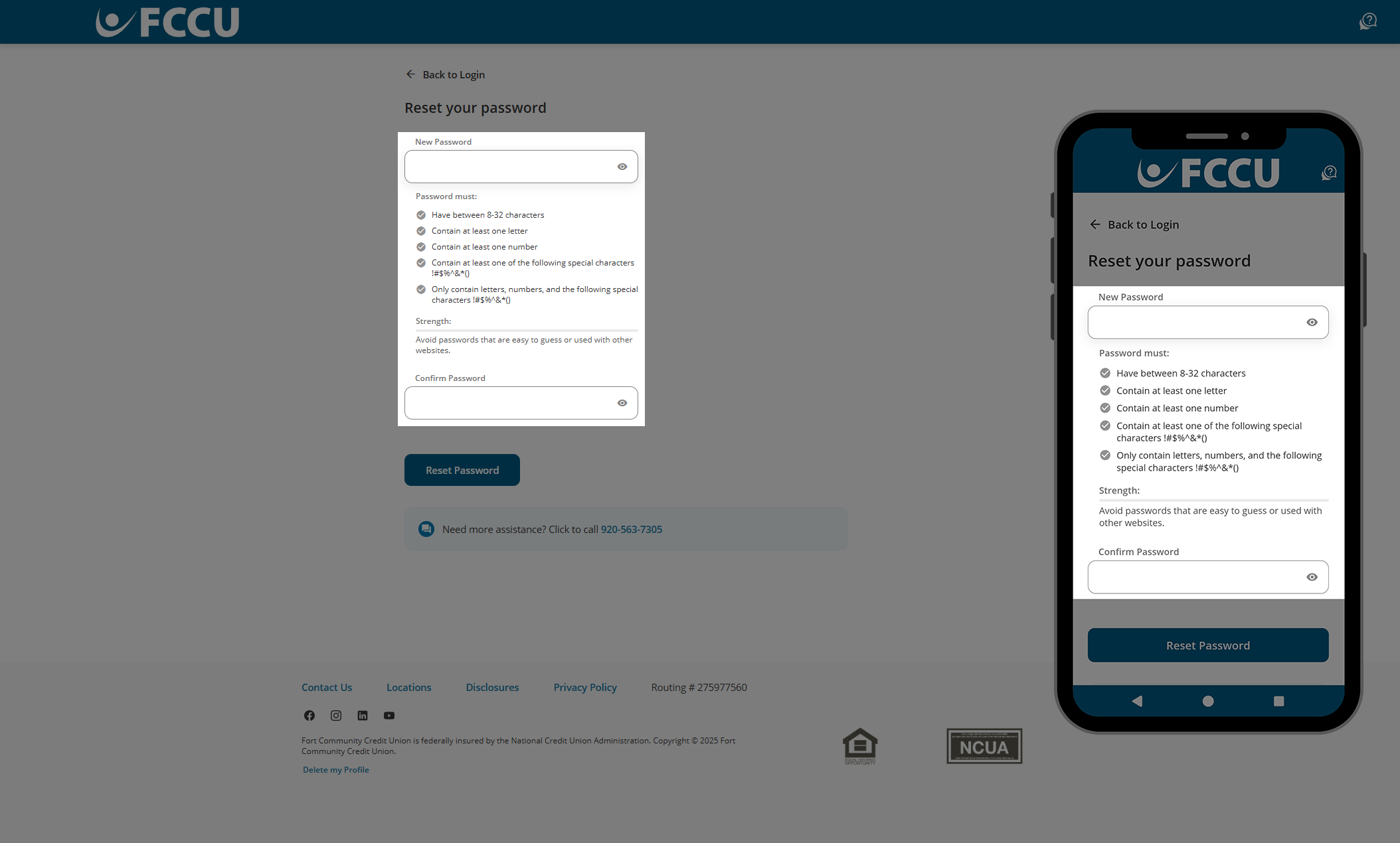 Screenshot of digital banking 'Reset your password' page.