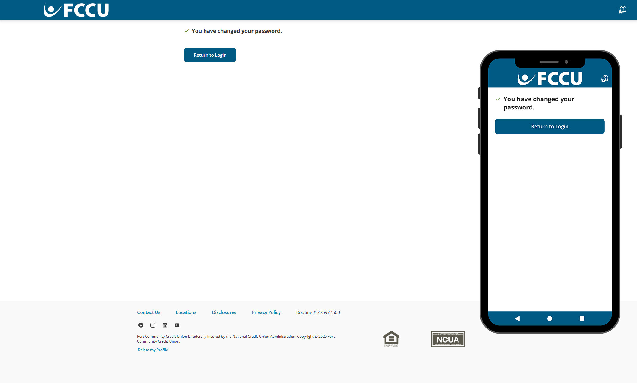 Screenshot of digital banking 'You have changed your password page.'