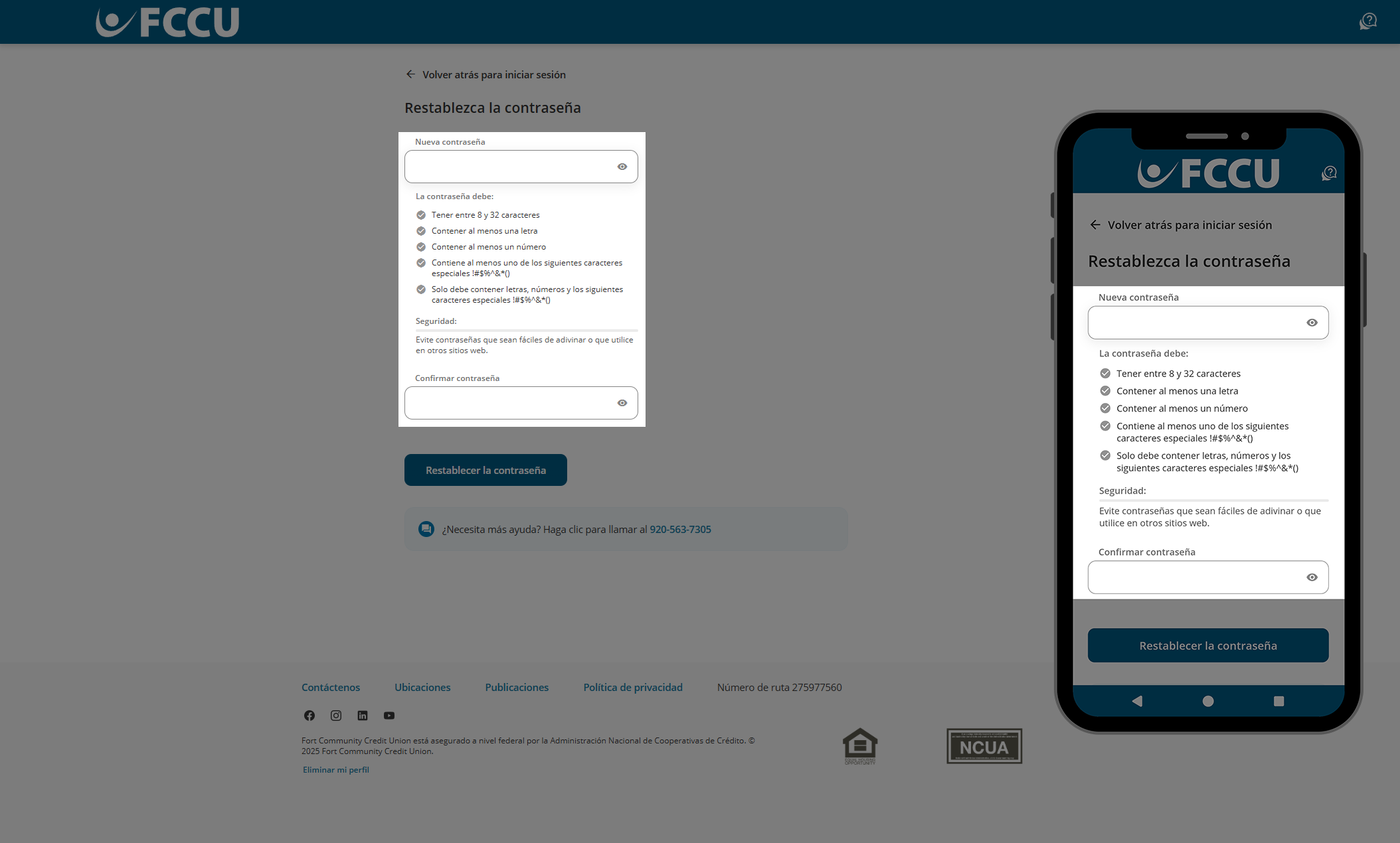 Captura de pantalla de la página 'Restablecza la contraseña' de banca digital.