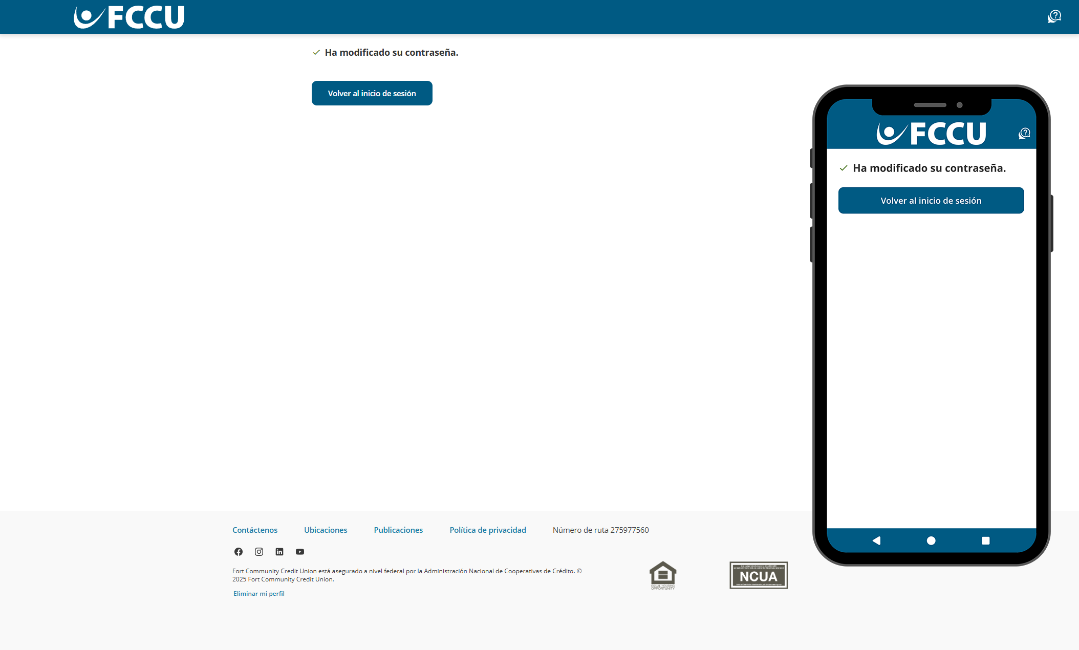 Captura de pantalla de la página de banca digital 'Ha modificado su contraseña'.