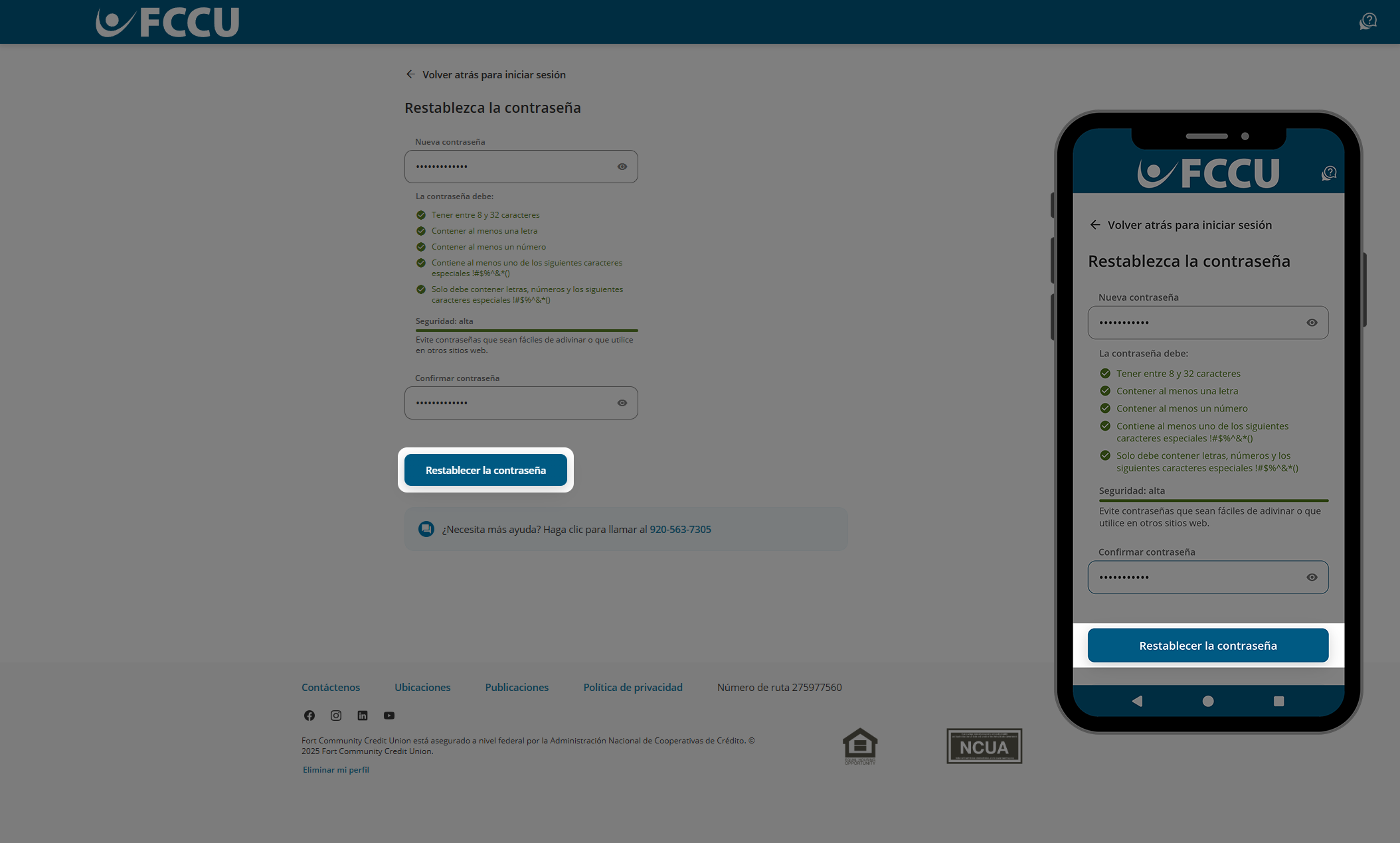 Captura de pantalla de la página 'Restablecza la contraseña' de banca digital.