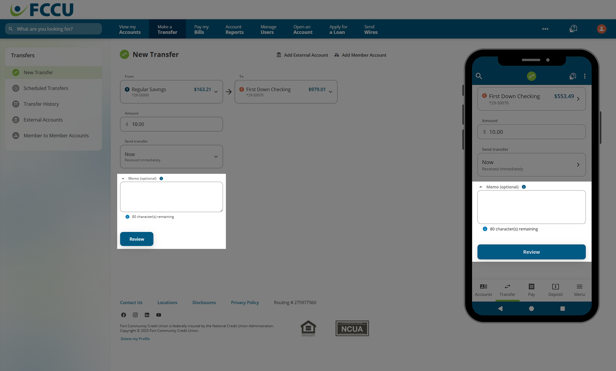 Screenshot of digital banking 'New Transfer' page.