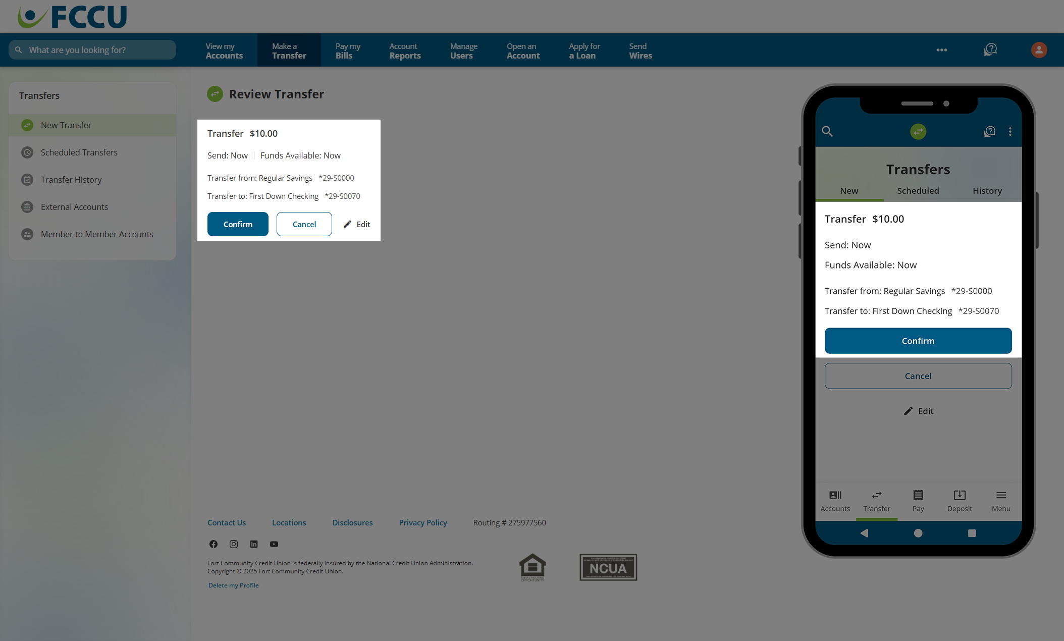 Screenshot of digital banking 'Review Transfer' page.