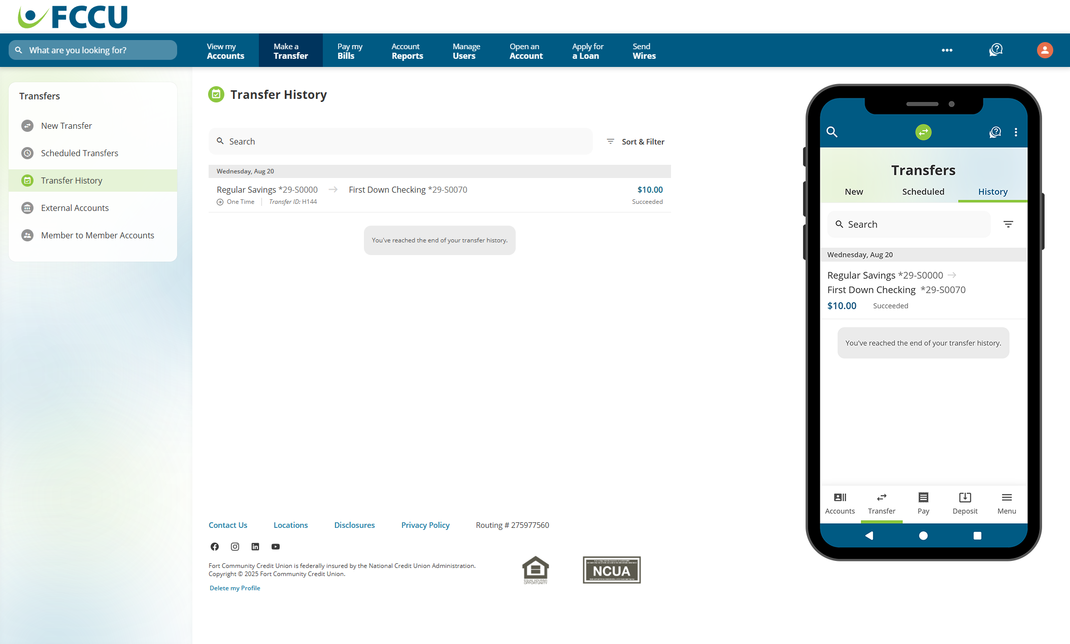 Screenshot of digital banking 'Transfer History' page.