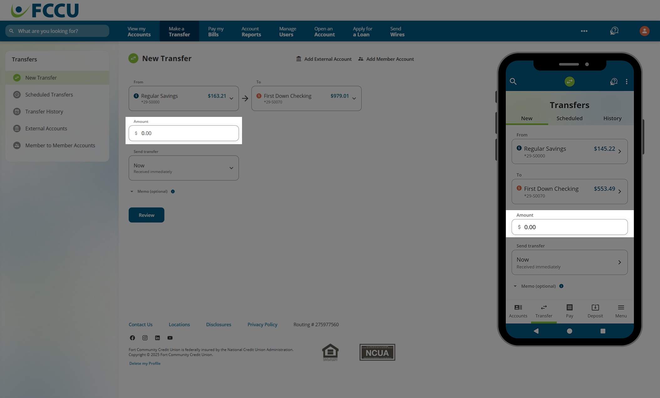 Screenshot of digital banking 'New Transfer' page.