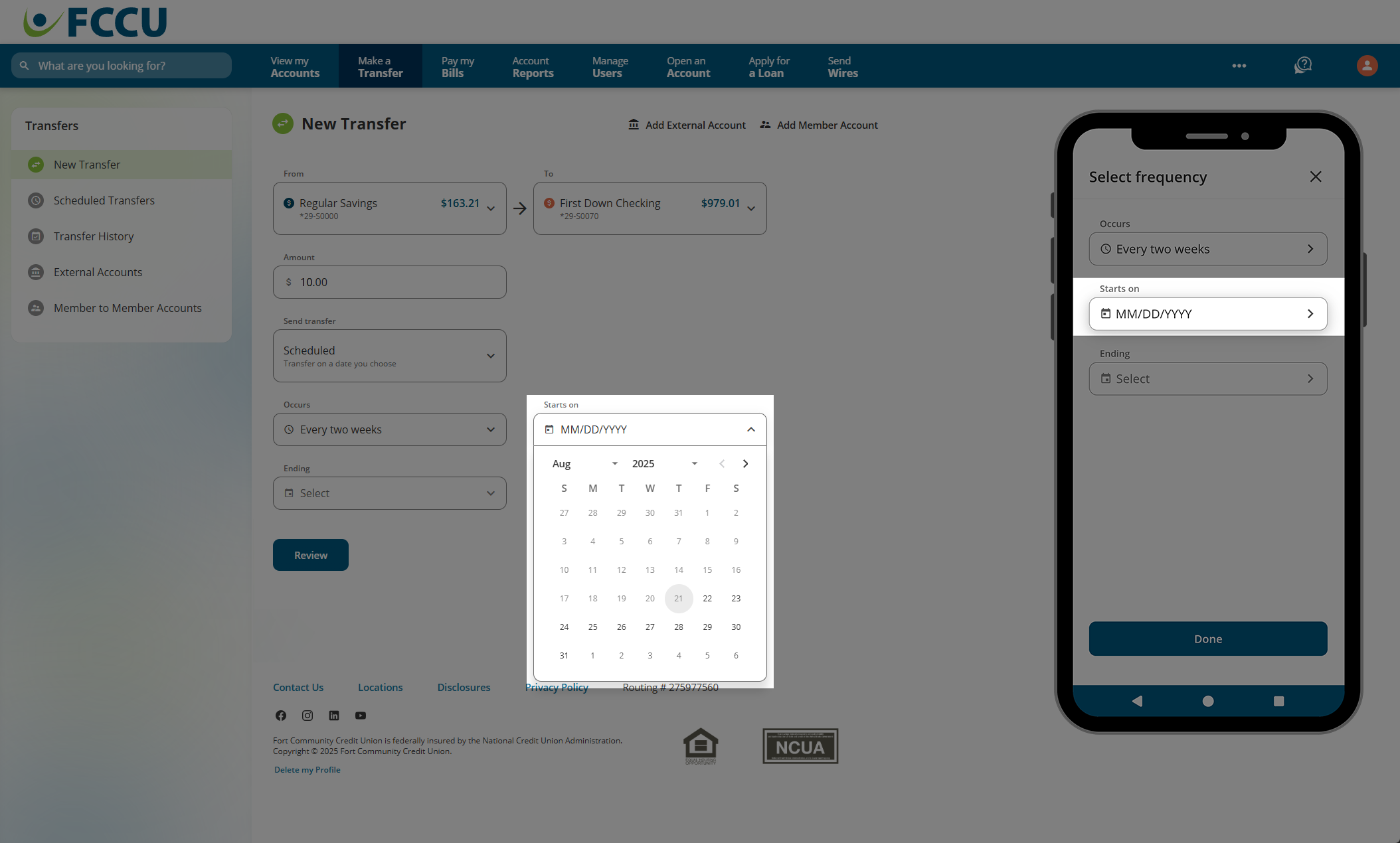 Screenshot of digital banking 'New Transfer' page.