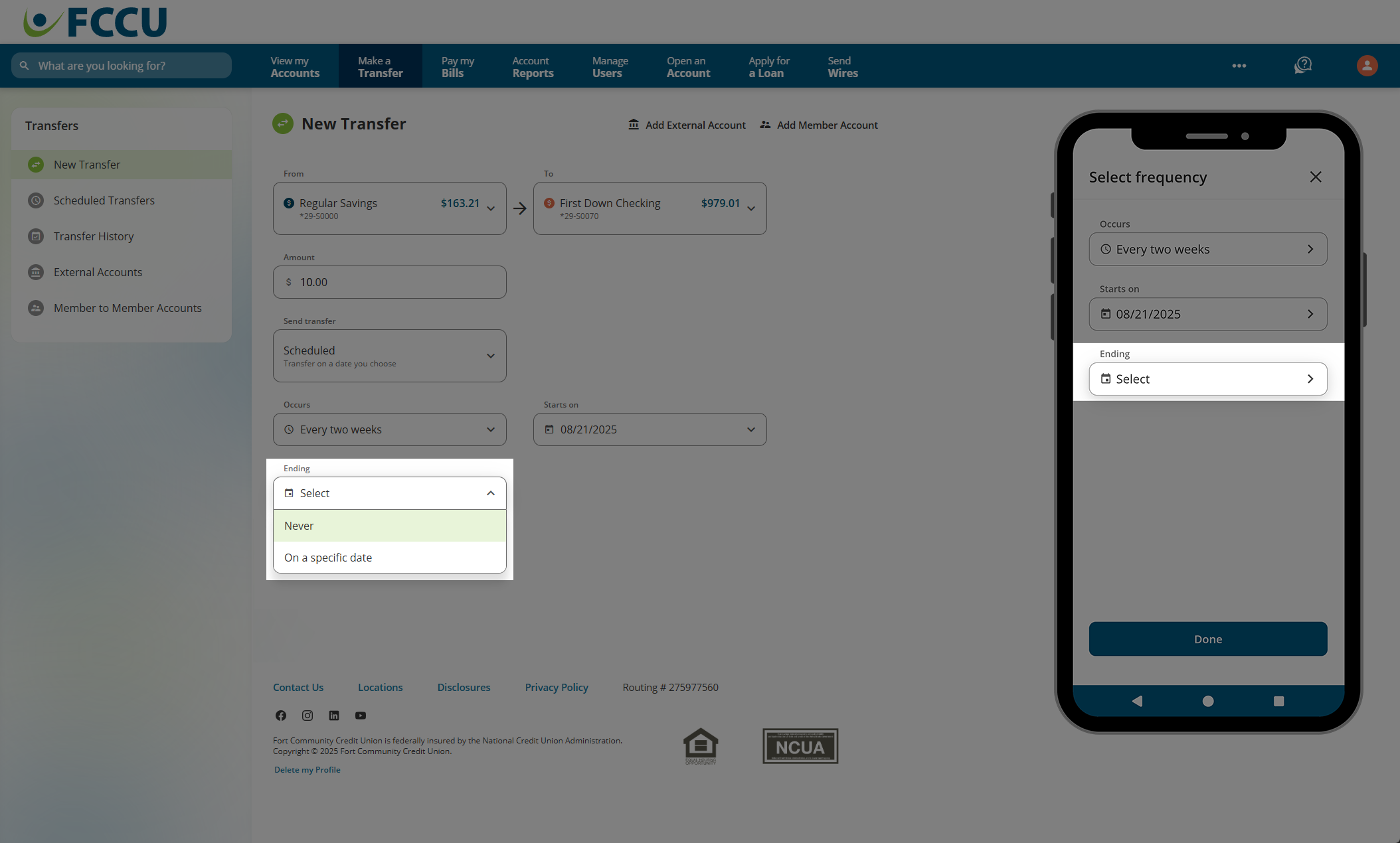 Screenshot of digital banking 'New Transfer' page.