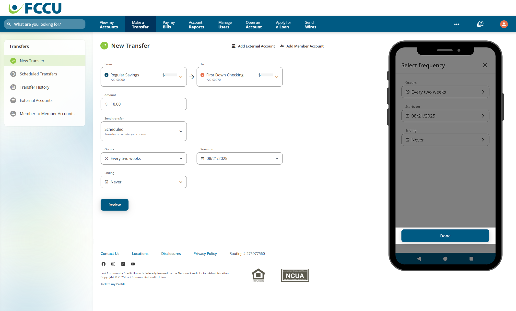 Screenshot of digital banking 'New Transfer' page.