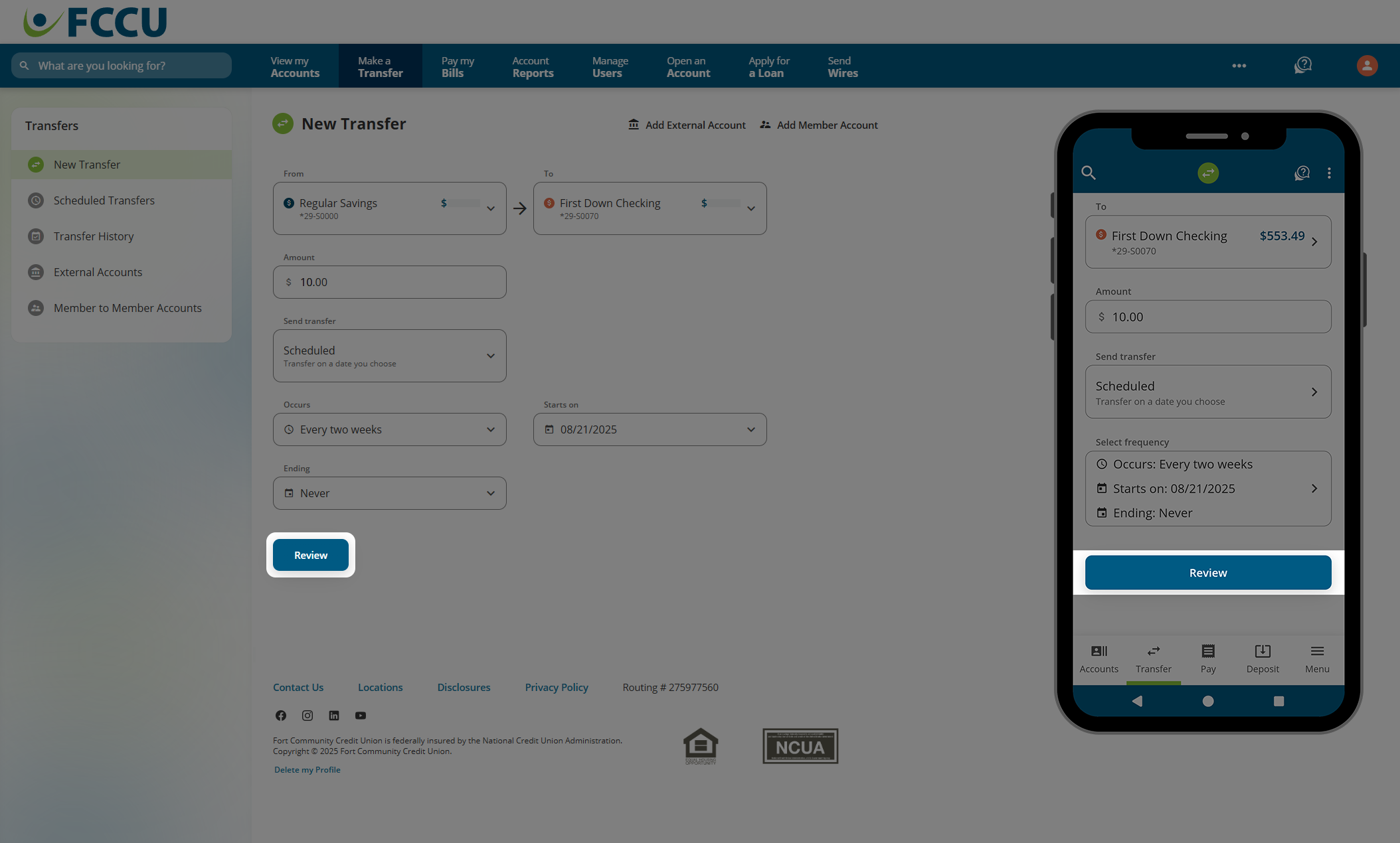 Screenshot of digital banking 'New Transfer' page.