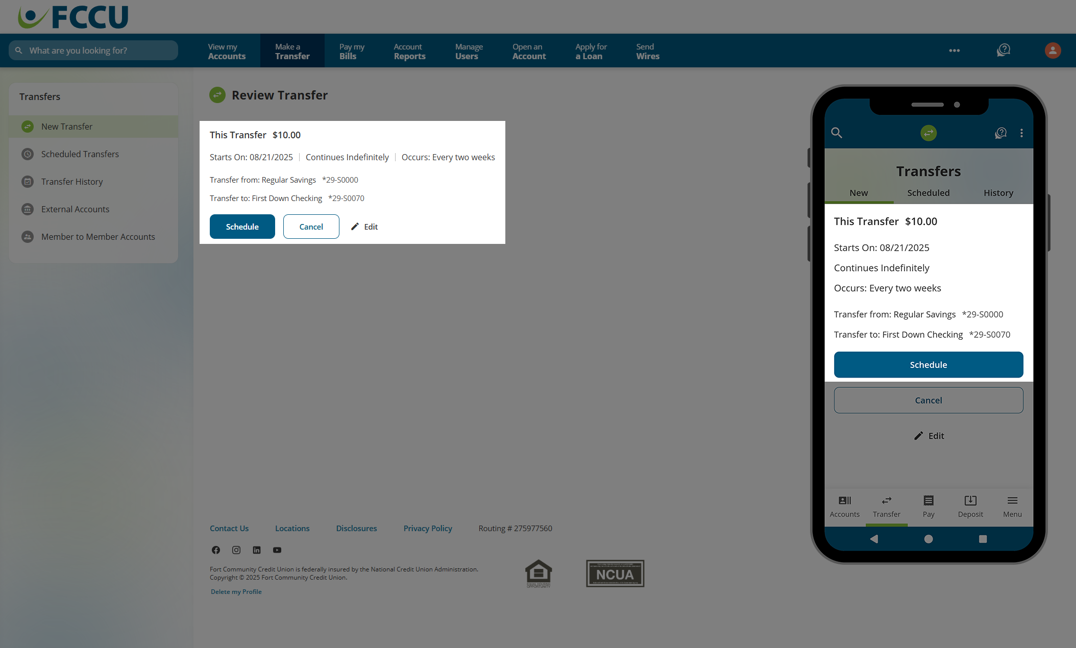 Screenshot of digital banking 'Review Transfer' page.