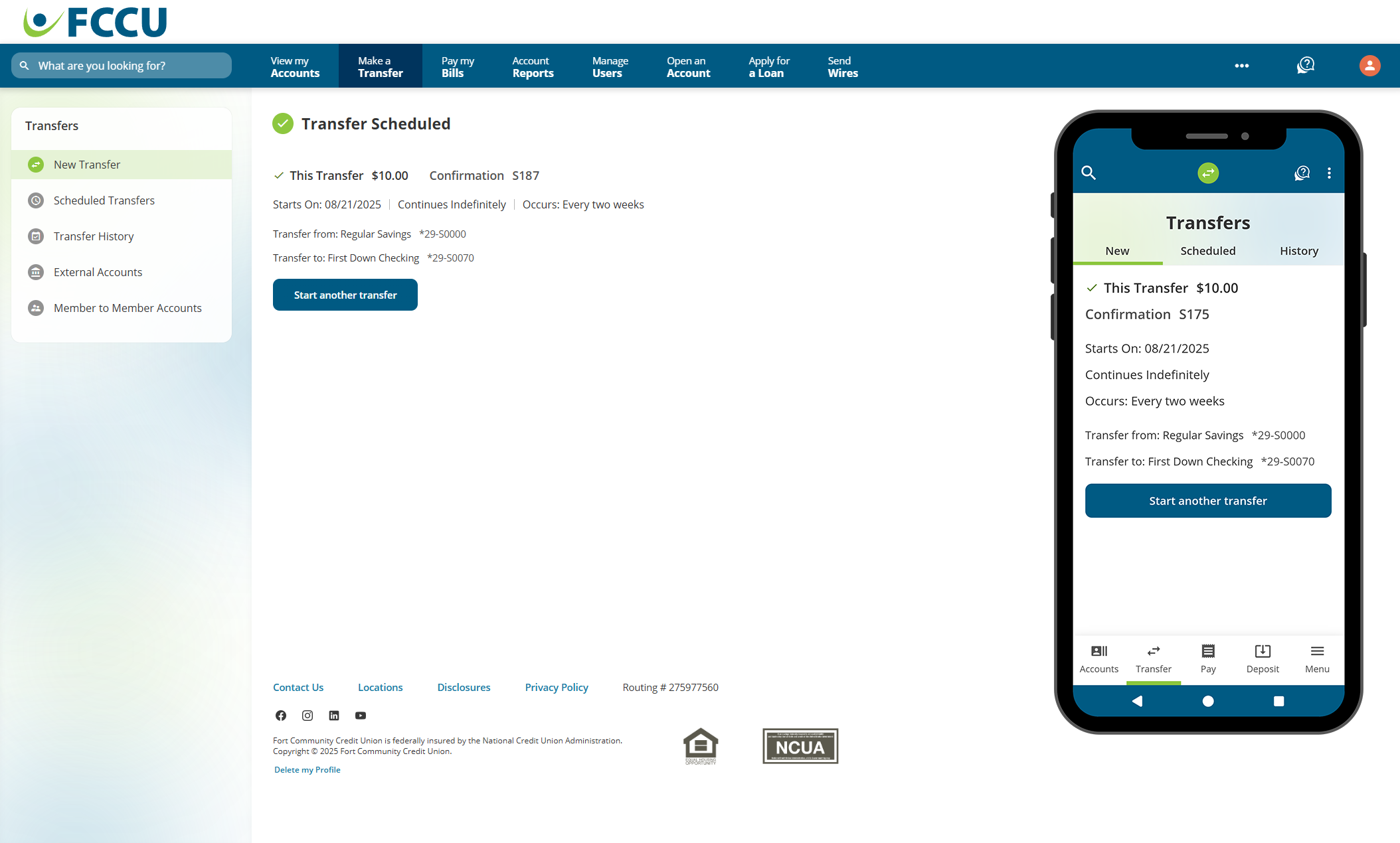 Screenshot of digital banking 'Transfer Scheduled' page.