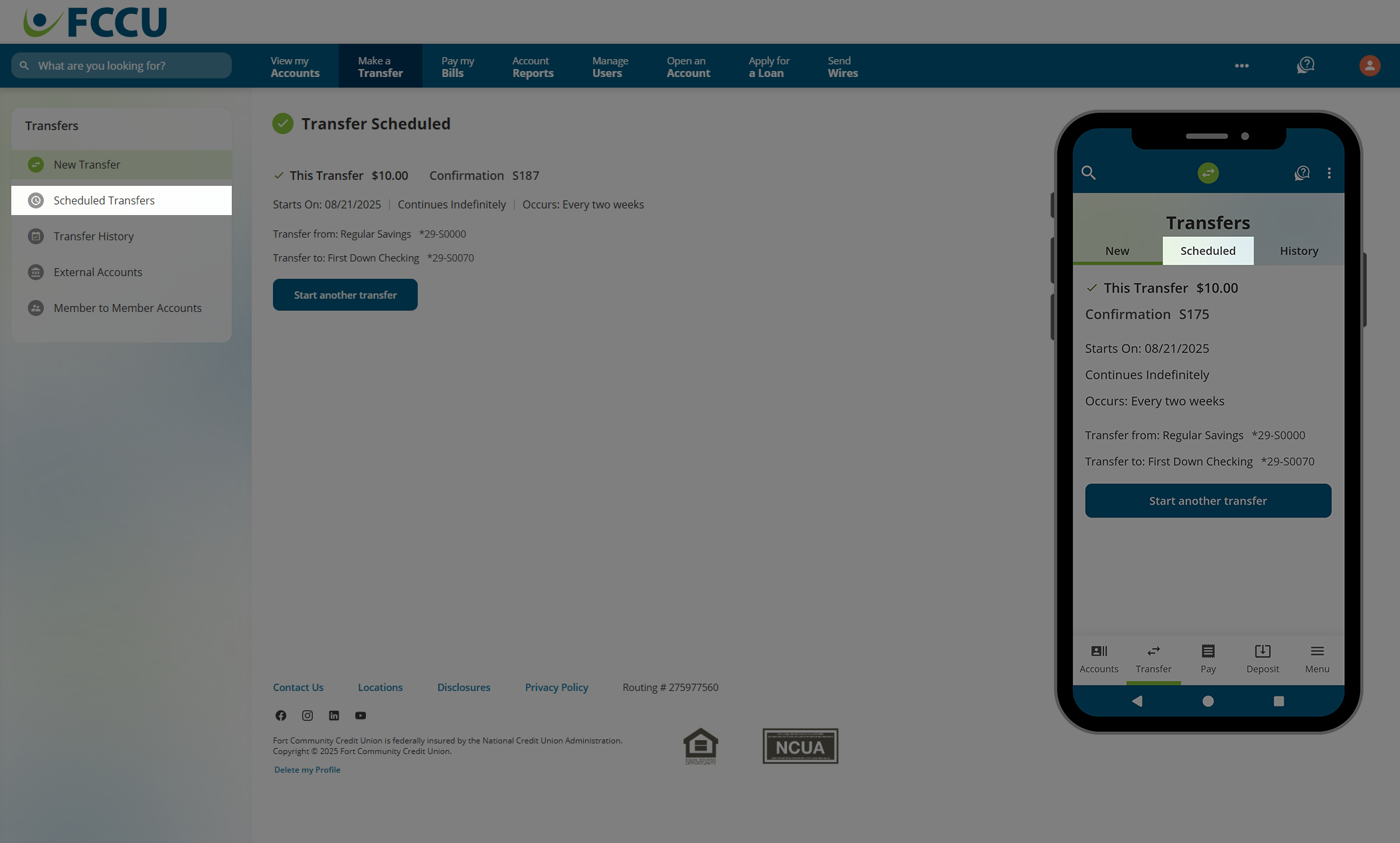 Screenshot of digital banking 'Transfer Scheduled' page.