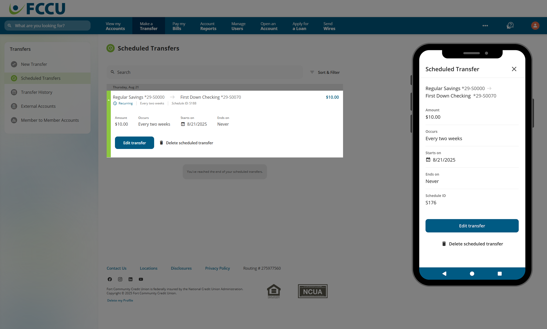 Screenshot of digital banking 'Scheduled Transfers' page.