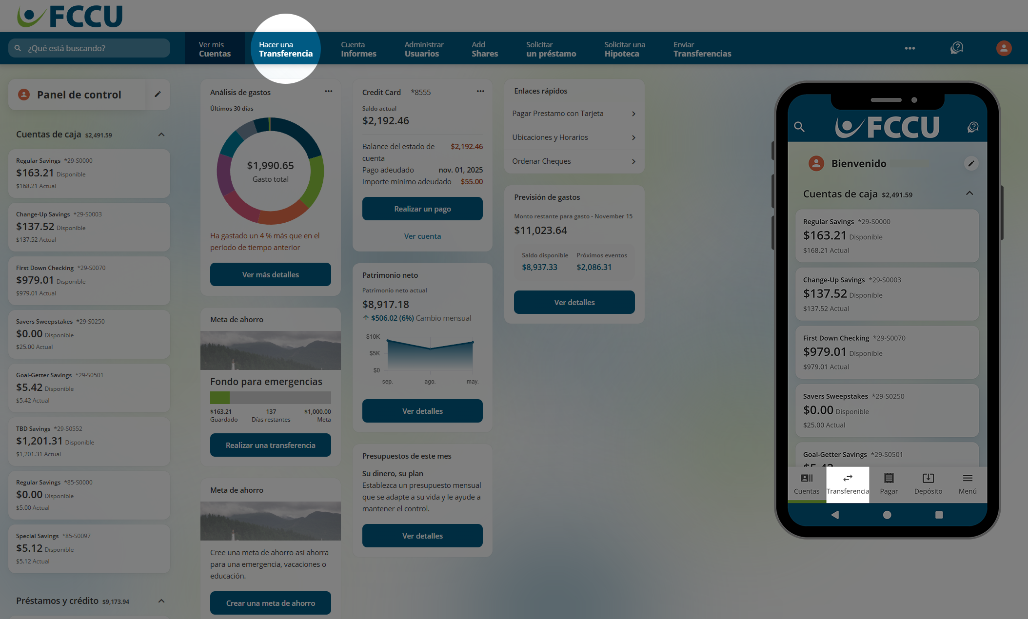 Captura de pantalla del panel de control de la cuenta bancaria digital.