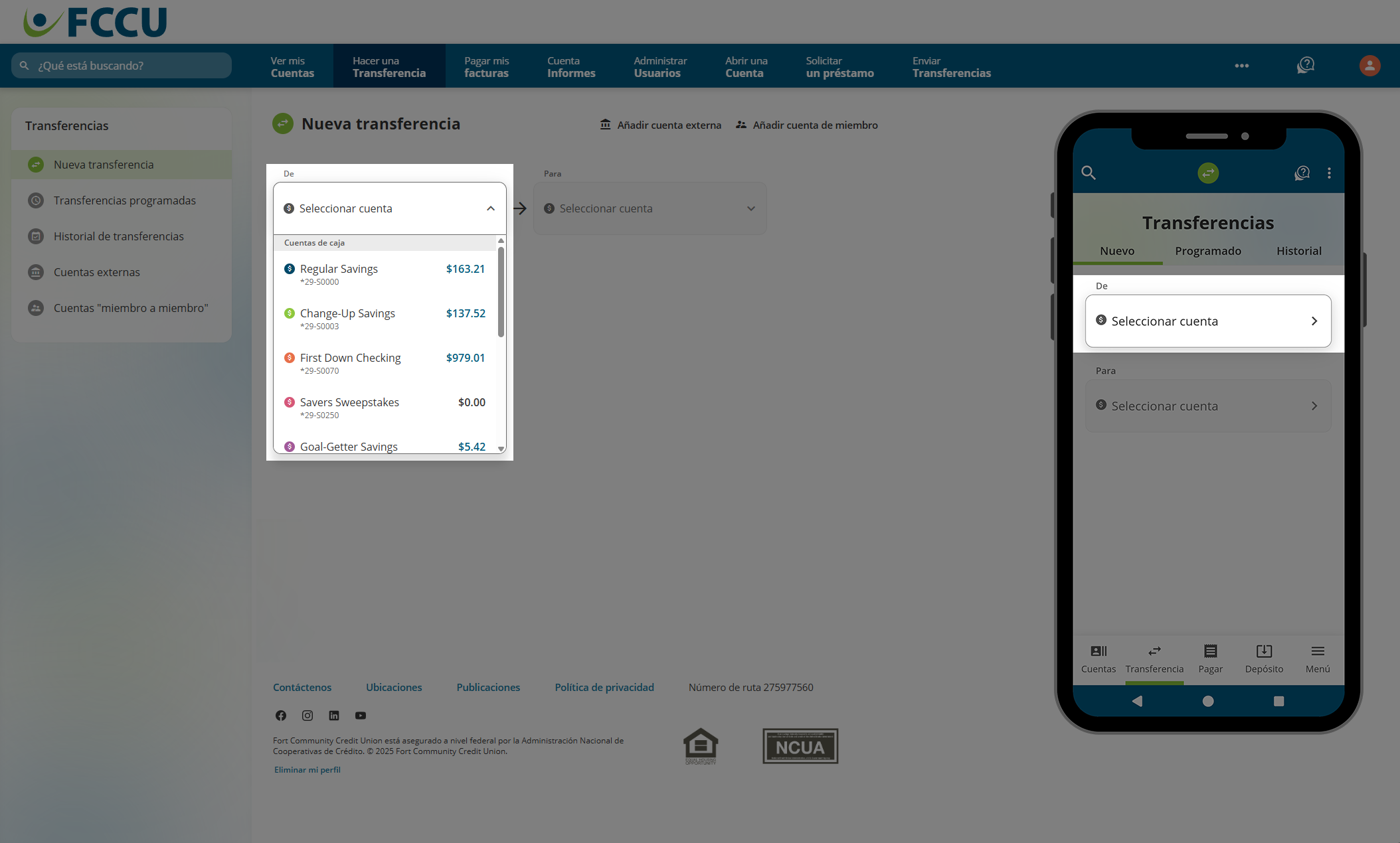 Captura de pantalla de la página 'Nueva transferencia' de banca digital.