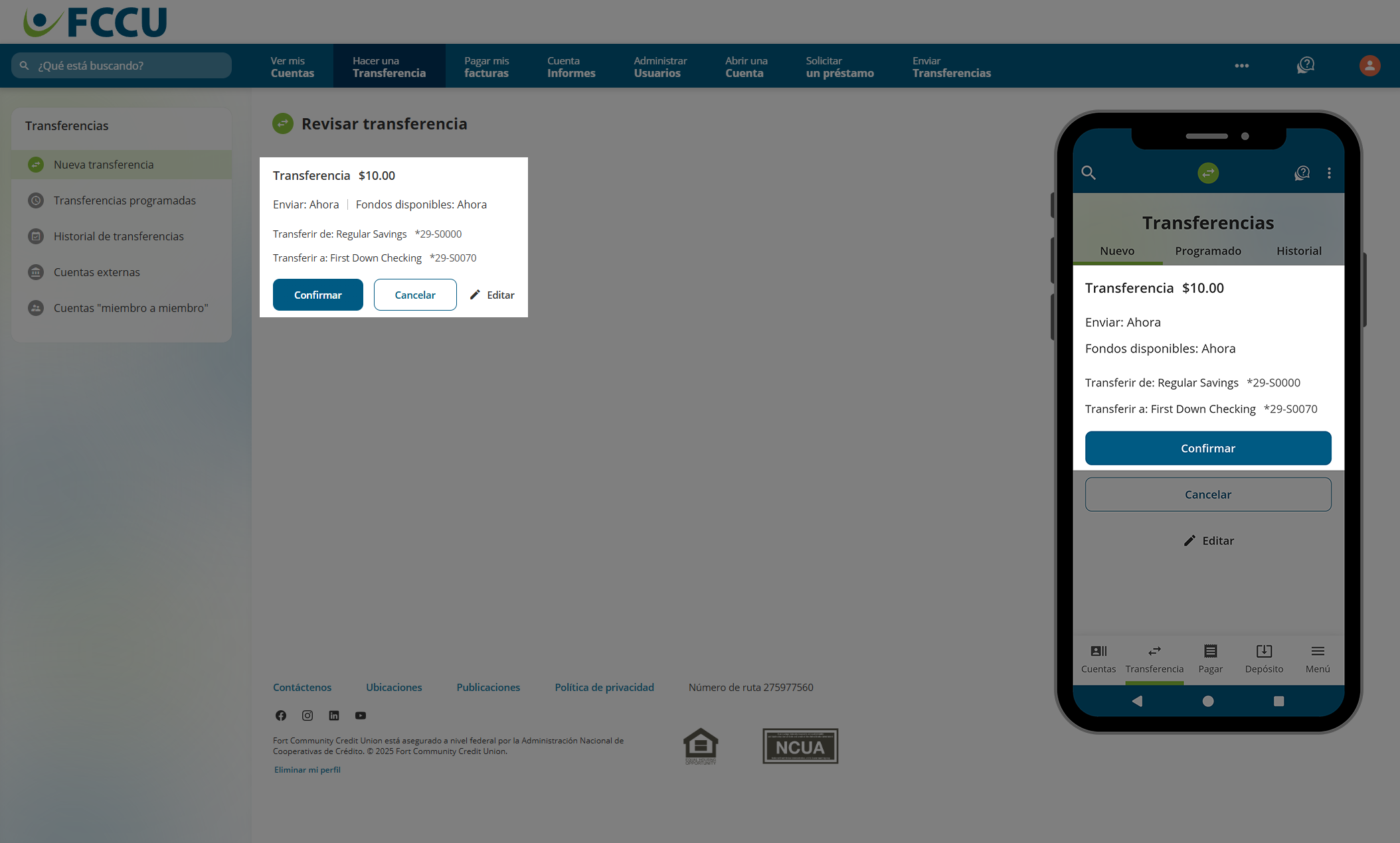 Captura de pantalla de la página 'Nueva transferencia' de banca digital.