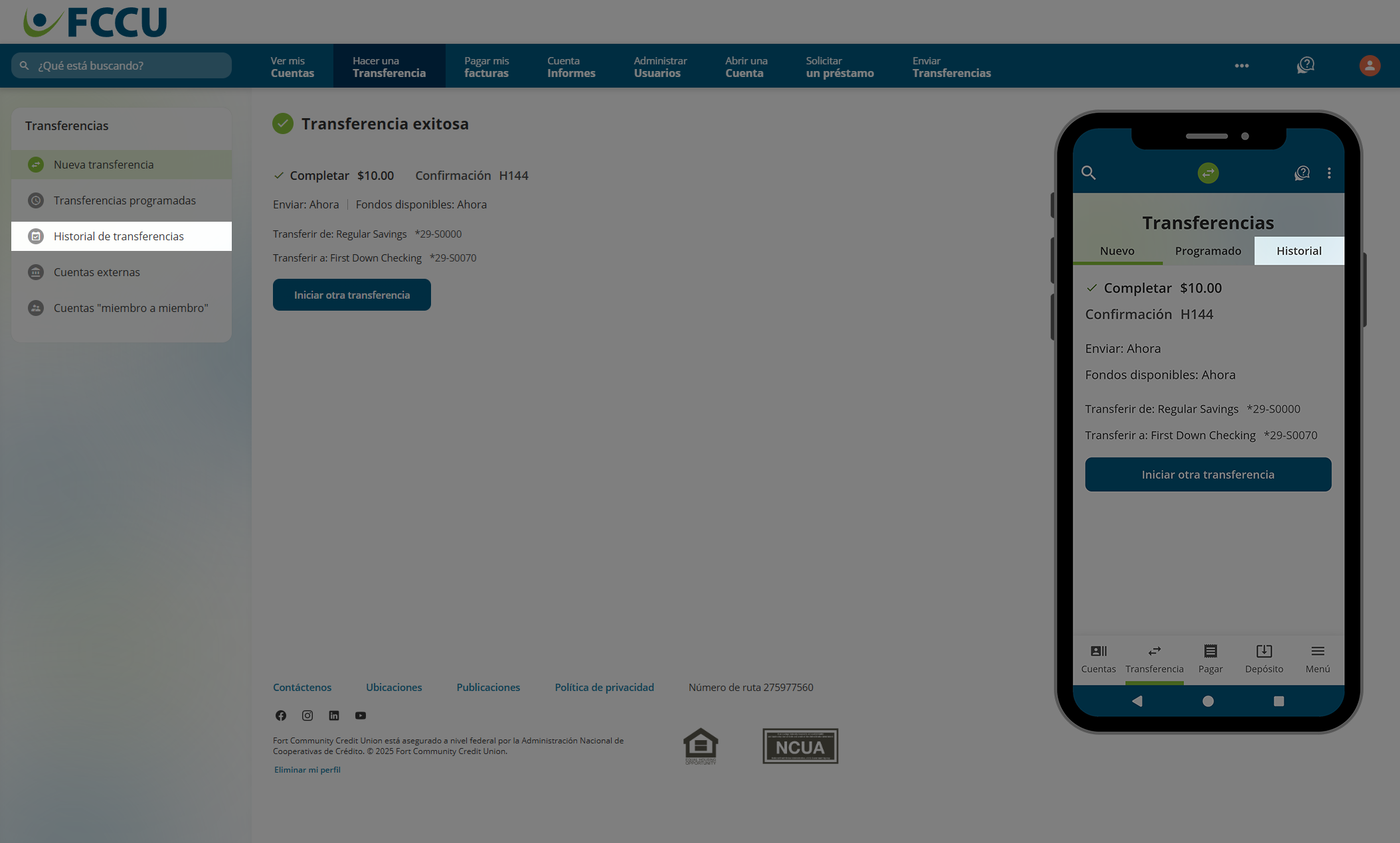 Captura de pantalla de la página 'Transferencia exitosa' de banca digital.