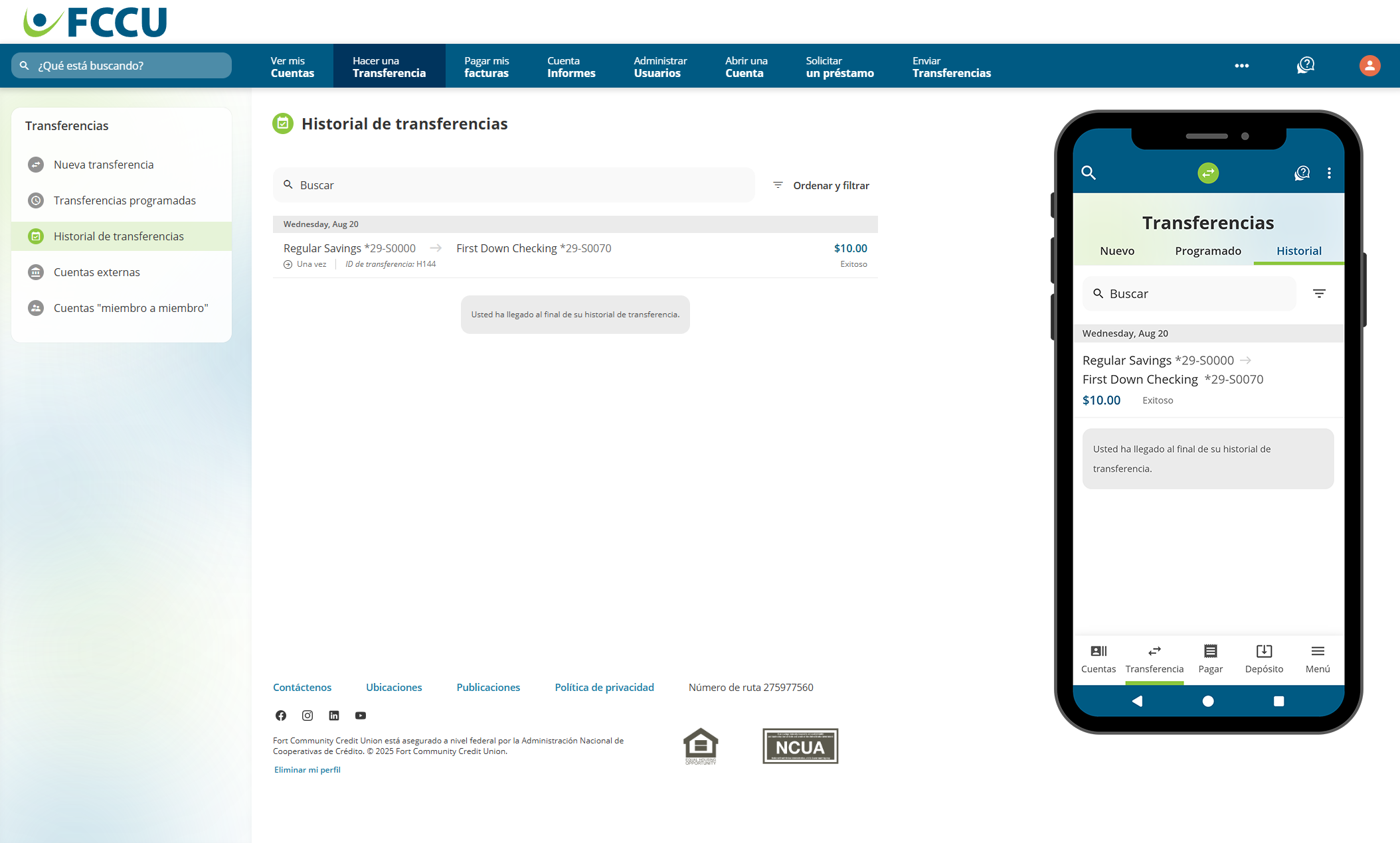Captura de pantalla de la página 'Historial de transferencias' de la banca digital.