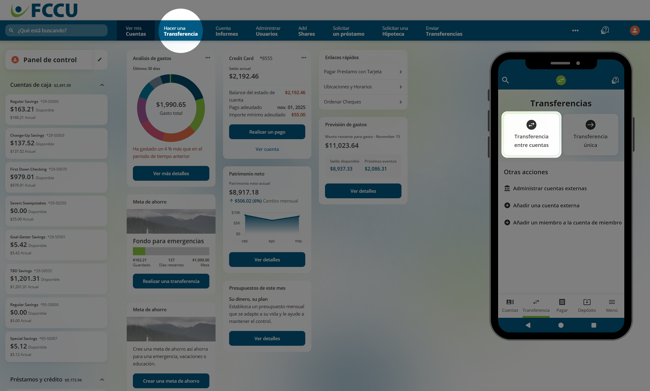 Captura de pantalla del panel de control de la cuenta bancaria digital.
