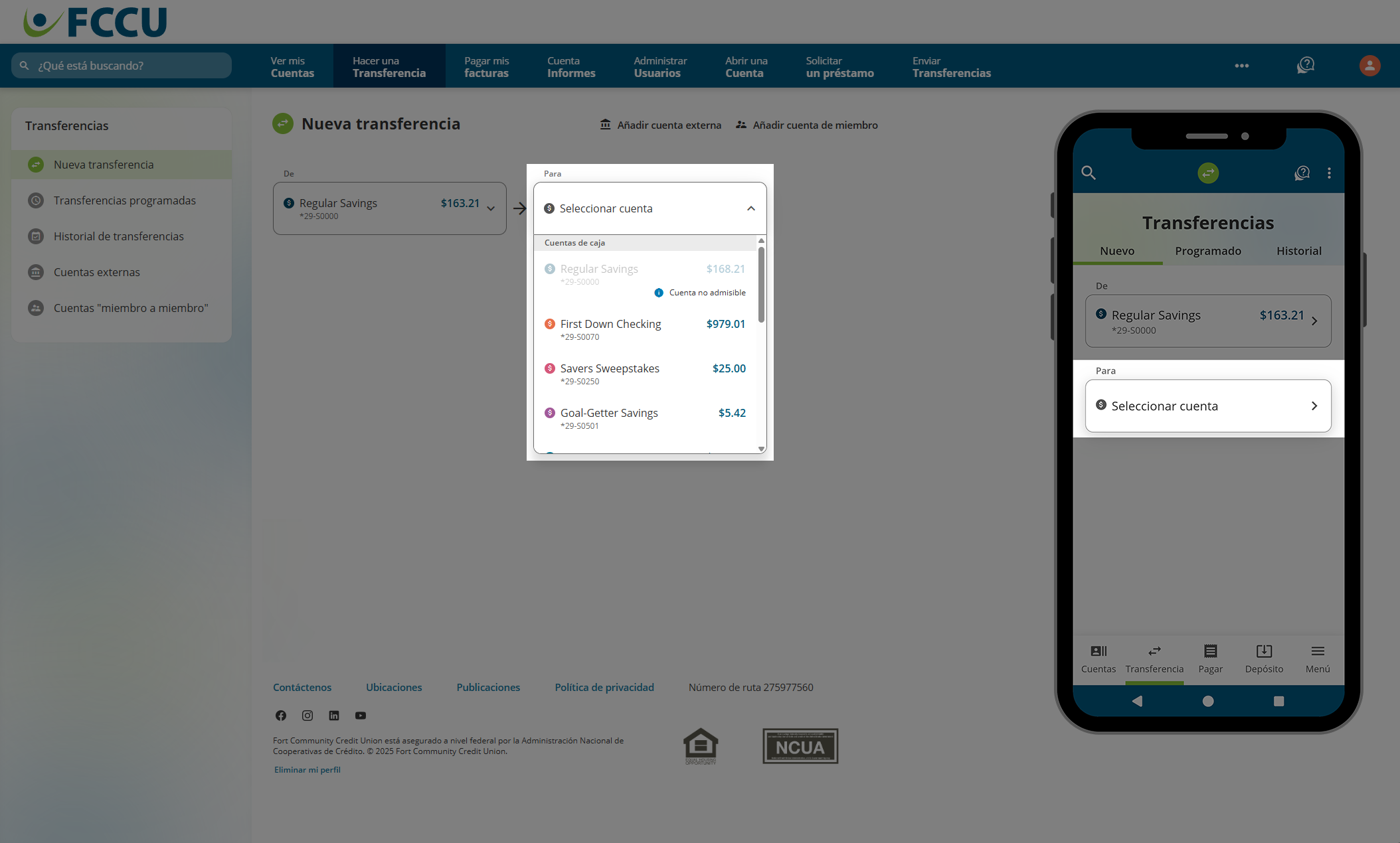 Captura de pantalla de la página 'Nueva transferencia' de banca digital.