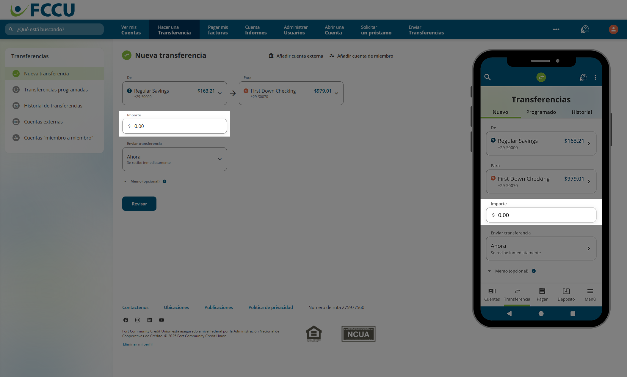 Captura de pantalla de la página 'Nueva transferencia' de banca digital.