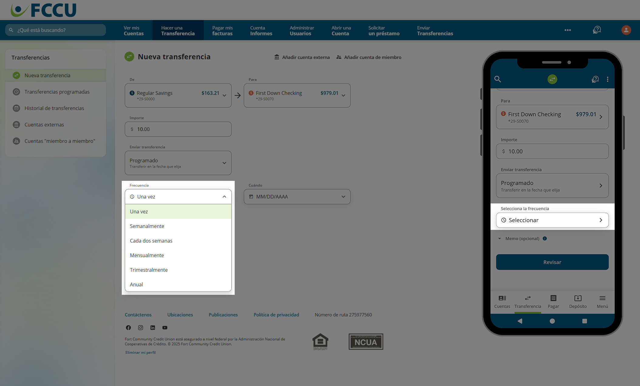 Captura de pantalla de la página 'Nueva transferencia' de banca digital.