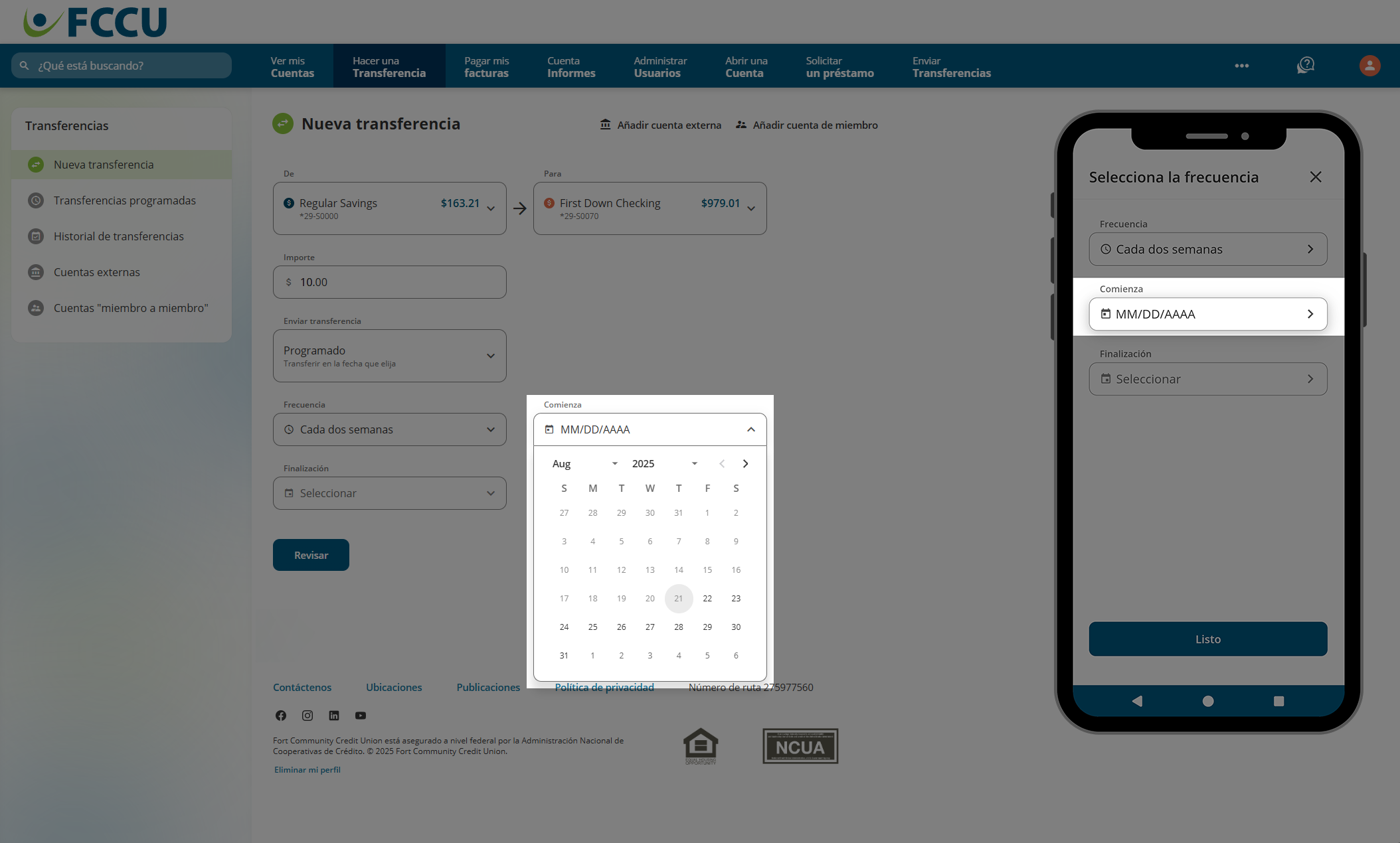 Captura de pantalla de la página 'Nueva transferencia' de banca digital.