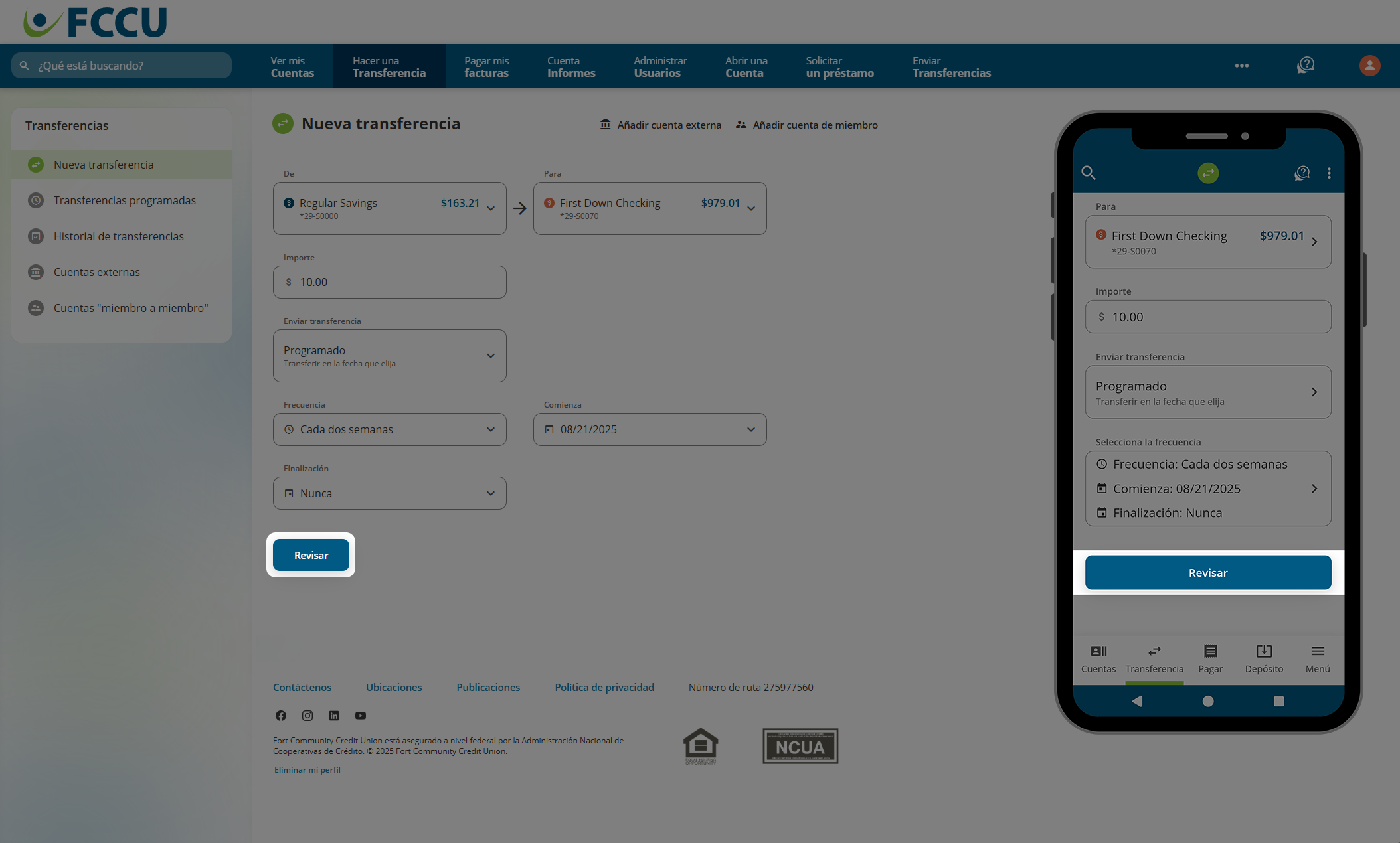 Captura de pantalla de la página 'Nueva transferencia' de banca digital.