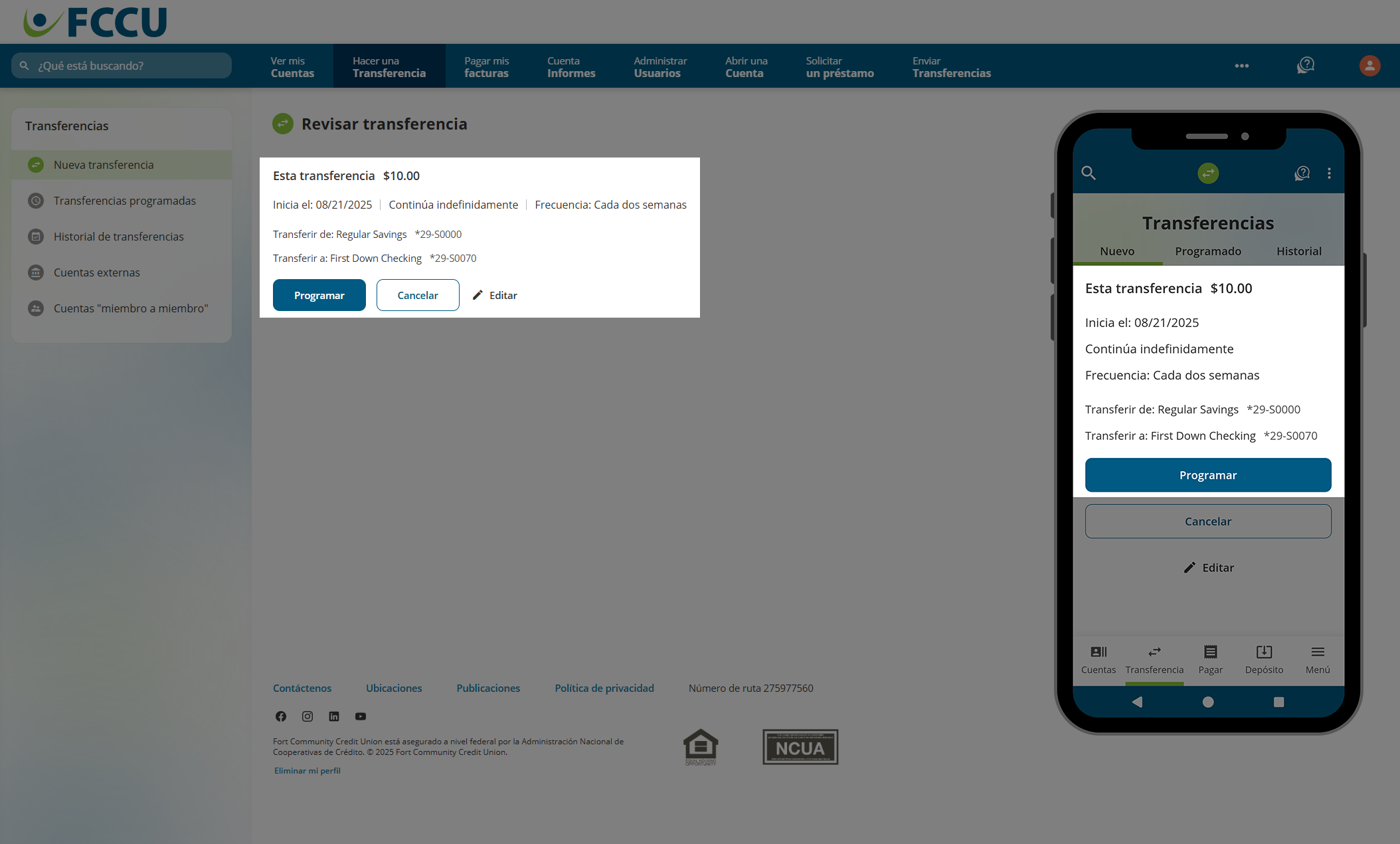 Captura de pantalla de la página 'Revisar transferencia' de banca digital.