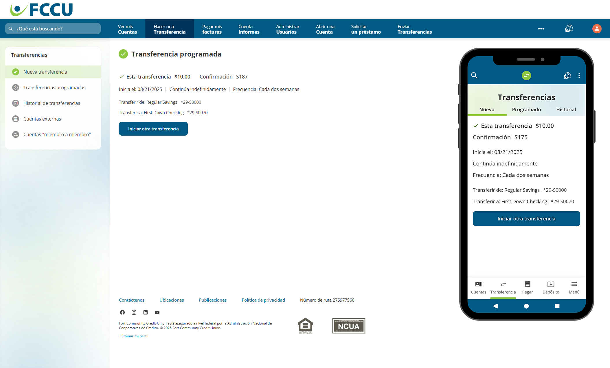 Captura de pantalla de la página 'Transferencia programada' de banca digital.